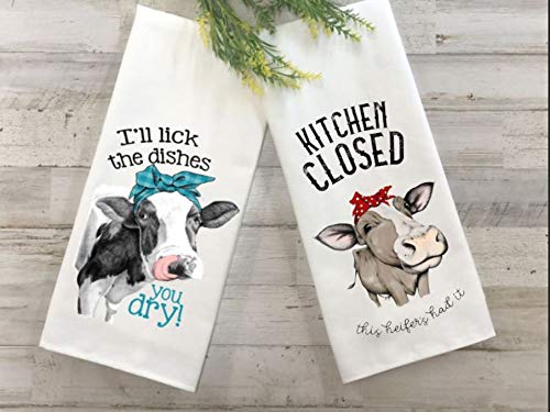 Funny Cow Print Kitchen Towels Set - Absorbent Flour Sack Dish Towels for Decor & Cleaning - Perfect for Farmhouse, Country Kitchen & Rustic Home Decor
