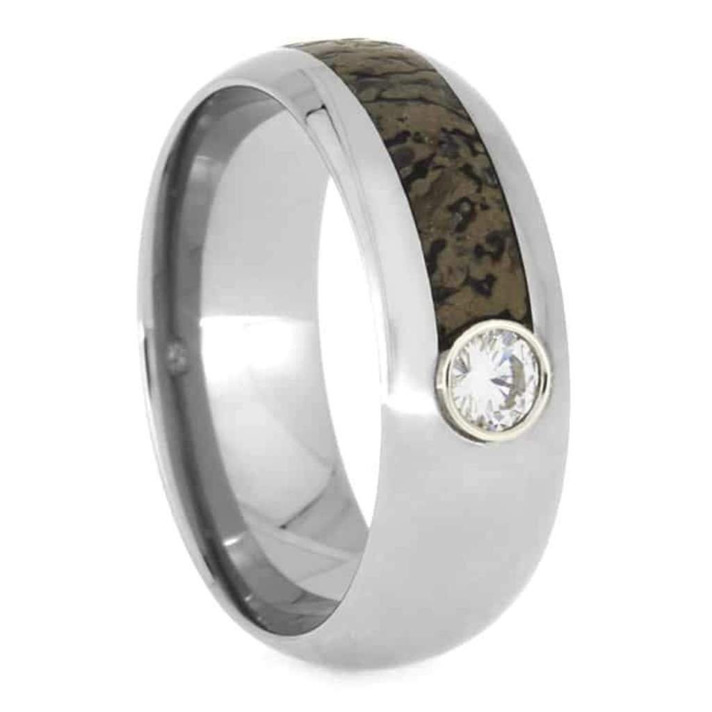 Forever One Moissanite & Dinosaur Bone Titanium Wedding Band Set for Him and Her - Comfort Fit Rings for Anniversary, Engagement & Couple Jewelry Gifts