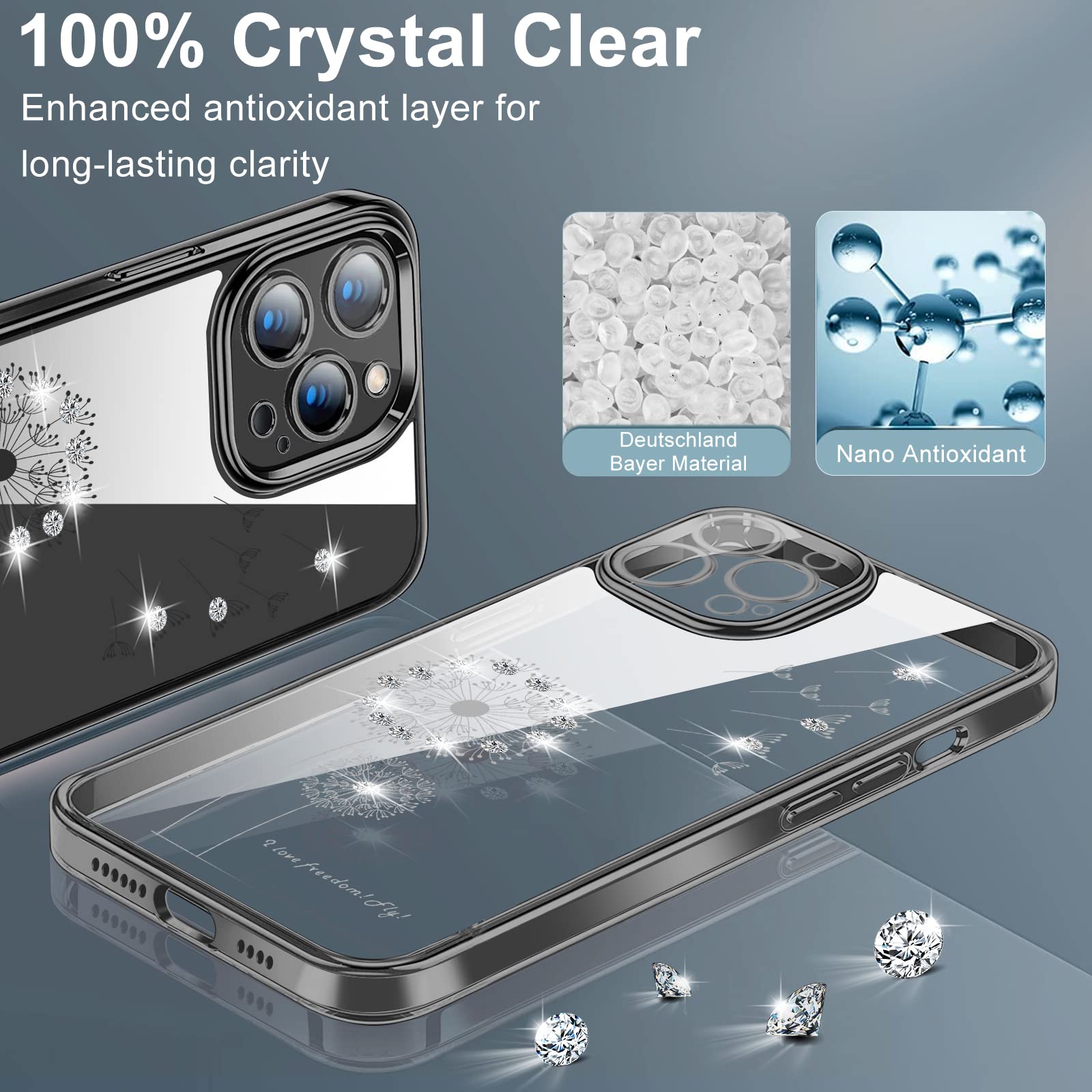 Crystal Clear Shockproof iPhone 14 Pro Max Case - Slim Silicone Bumper Cover with Diamond Flowers Design | Protective Transparent Phone Case for Women | Perfect for Everyday Use, Work & Travel