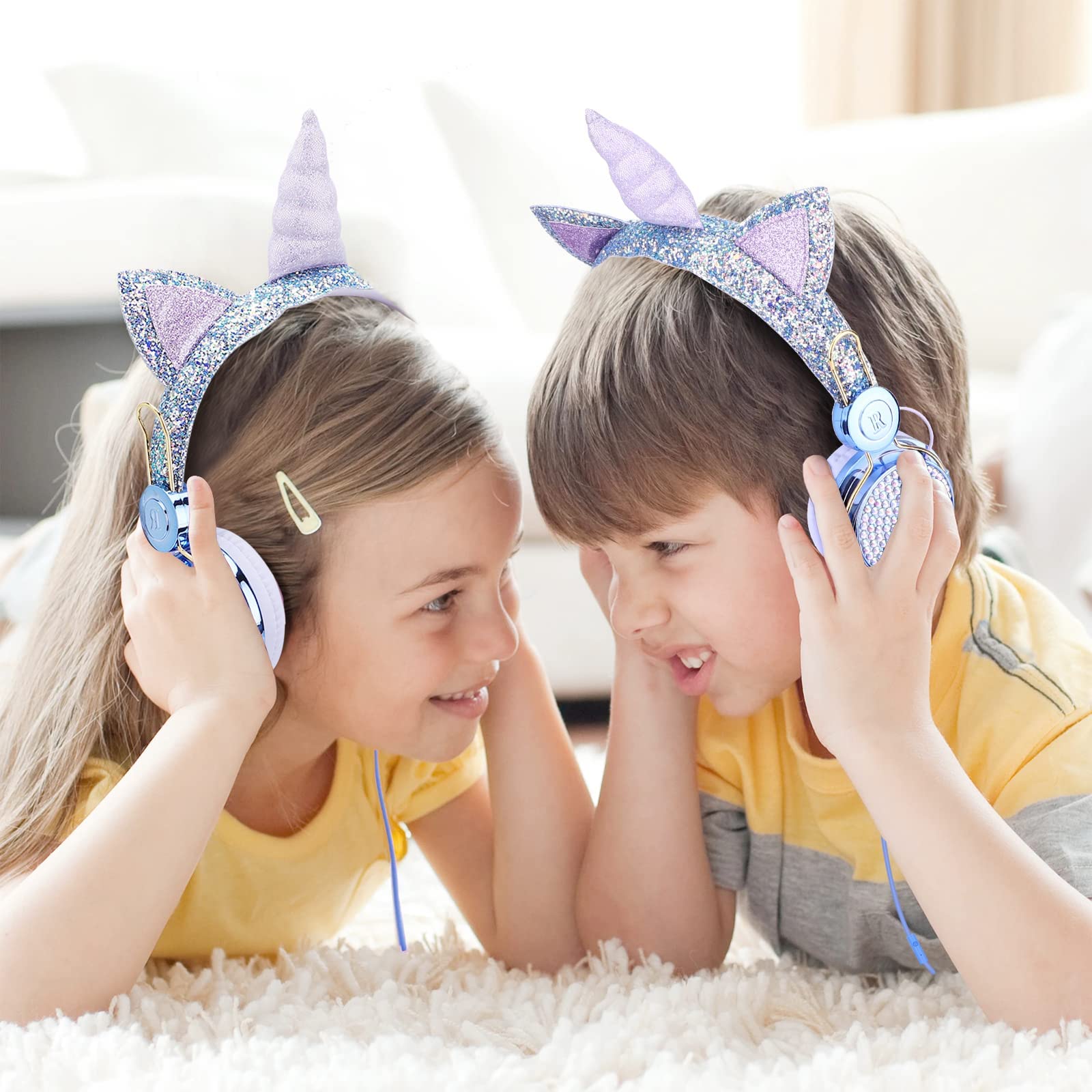 JYPS Unicorn Sparkly Rhinestone Wired Headphones for Kids - Adjustable Stereo Headset with Mic, Volume Control & Matching Bracelet (Fairy Blue) | Perfect for School, Travel & Online Learning