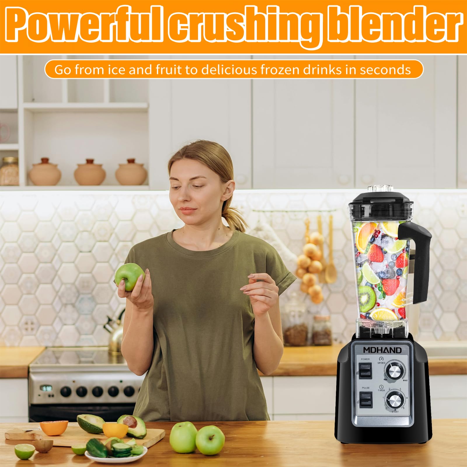 1400W High-Speed Blender - Crush Ice in 5 Seconds, Self-Cleaning, BPA-Free 68oz Jar with 2 Travel Cups | Professional Kitchen Blender for Smoothies, Protein Shakes, Nut Butters & Soups | Perfect for Home, Gym & Healthy Lifestyle (Black)