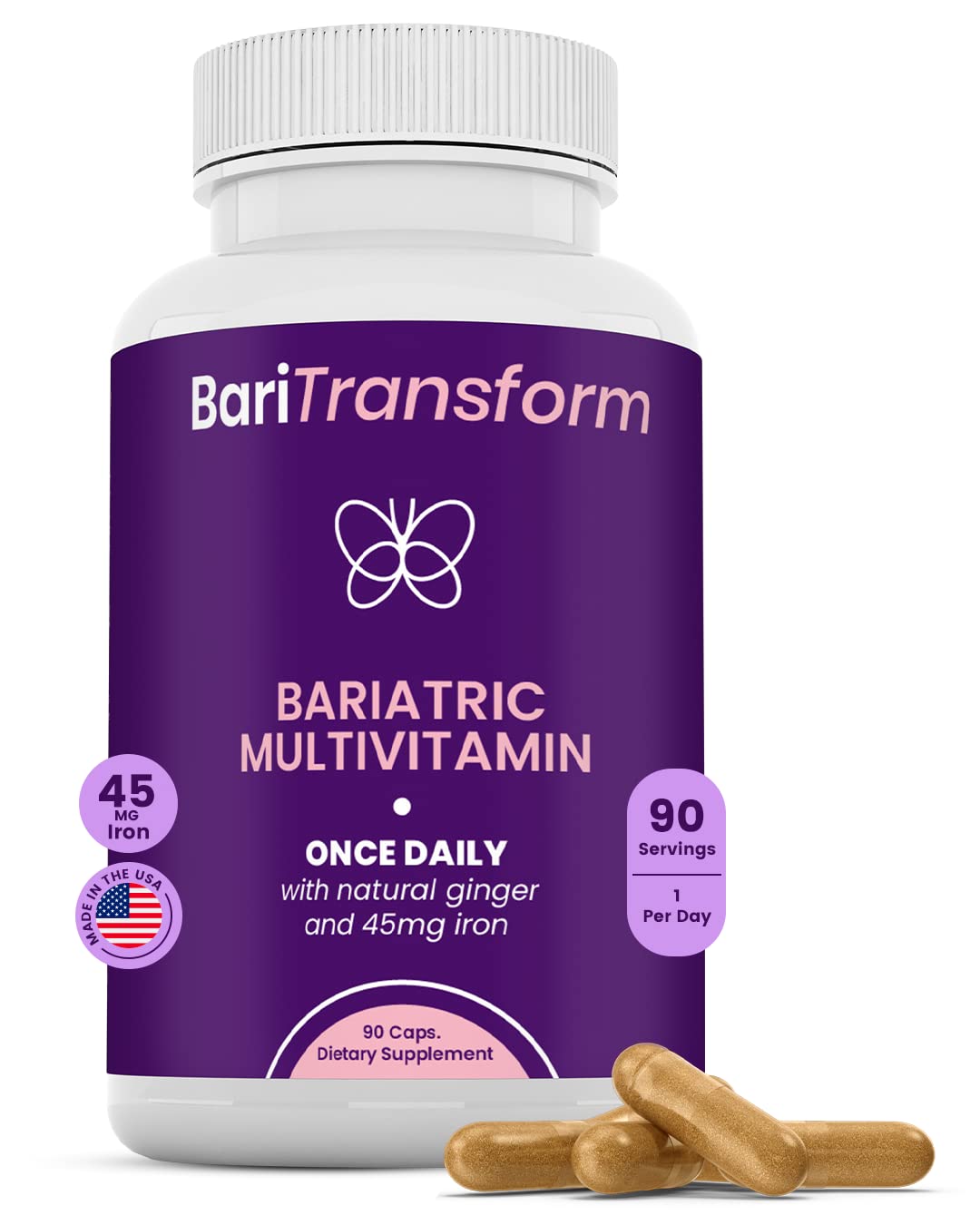 Bariatric Multivitamin with Iron Capsules 90 Count - Daily Bariatric Vitamins with Organic Ginger Root for Digestion Support - Essential Nutrients for Post-Bariatric Surgery Recovery - Perfect for Gastric Bypass & Sleeve Gastrectomy Patients