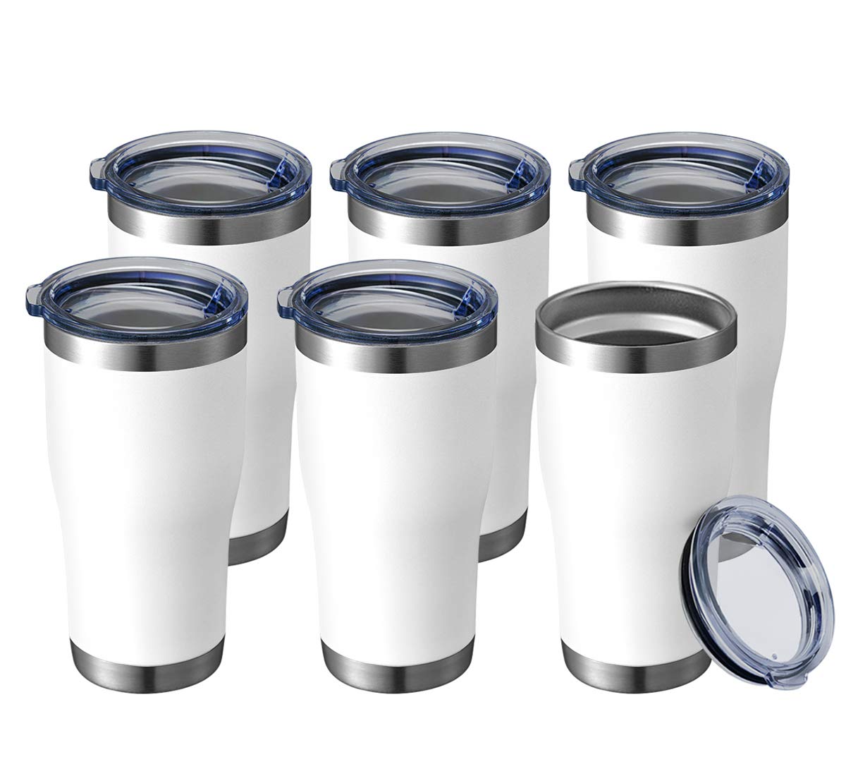 HASLE OUTFITTERS 20 oz Stainless Steel Tumbler with Lid - 6 Pack Vacuum Insulated Double Wall Powder Coated Coffee Cups (White) - Perfect for Office, Travel, Camping & Outdoor Activities