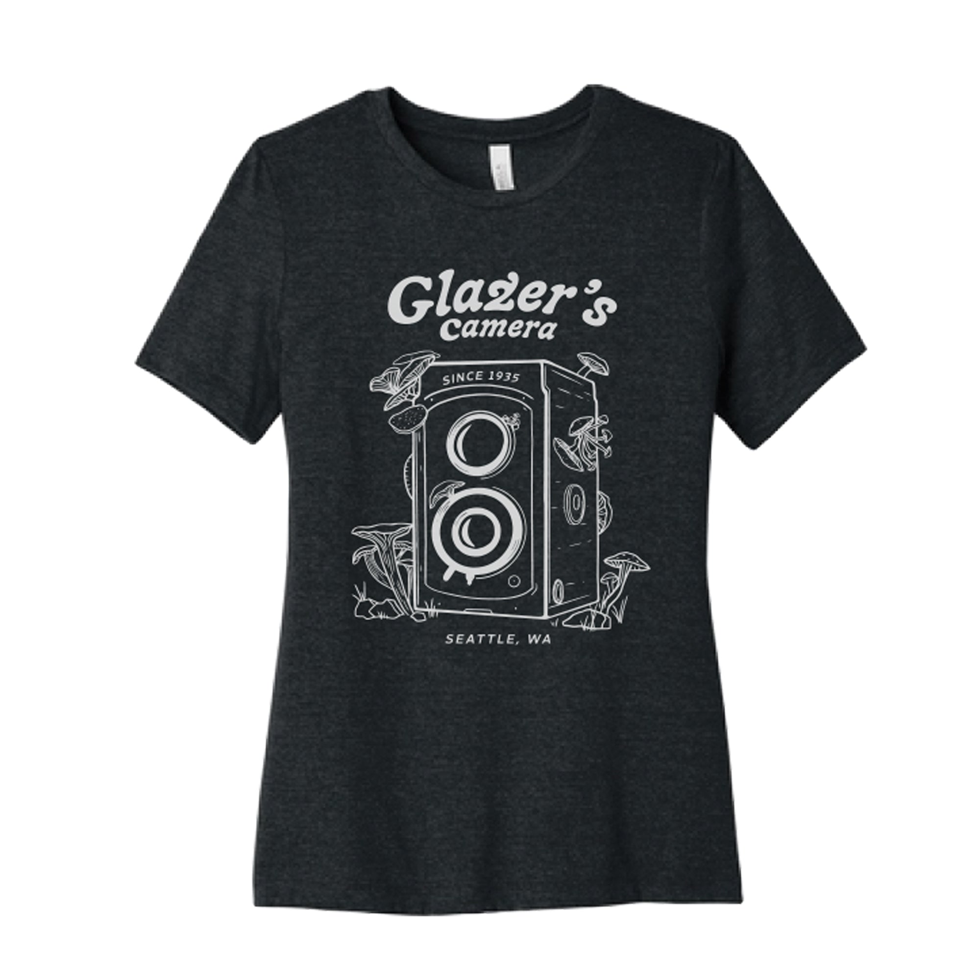 Glazer's Mushroom Camera Graphic T-Shirt for Women - Heather Grey, XS | Cute Casual Tee for Photography Enthusiasts & Streetwear Fashion