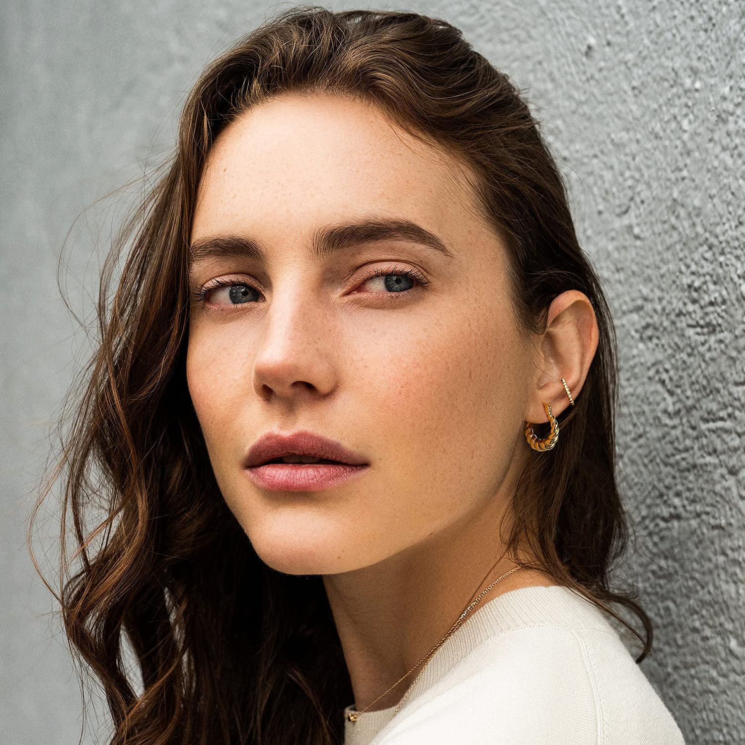 14K Gold Plated Croissant Earrings for Women - Chunky Hoop Earrings with CZ Stones, 925 Sterling Silver Post Huggie Earrings - Perfect Mother's Day Gift, Birthday Present & Everyday Fashion Jewelry