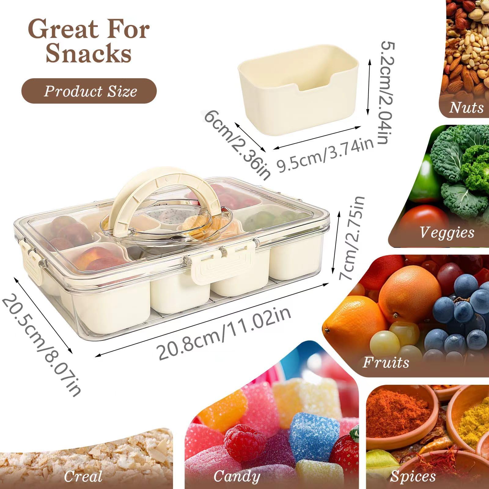 Divided Serving Tray with Lid & Handle - Portable Snackle Box for Charcuterie, Candy, Fruits, Nuts | Perfect for Picnics, Parties, Office Snacks & Travel Organization