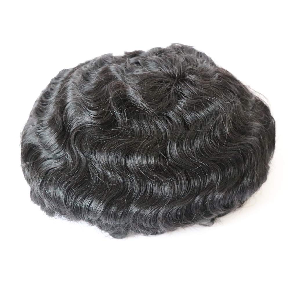 Men's French Lace Wave Hair Toupee 8x10 Inch - Afro Loose Curly Human Hair Replacement Piece #1B Off Black - 120% Medium Density - Perfect for Daily Wear, Cosplay & Hair Loss Solutions