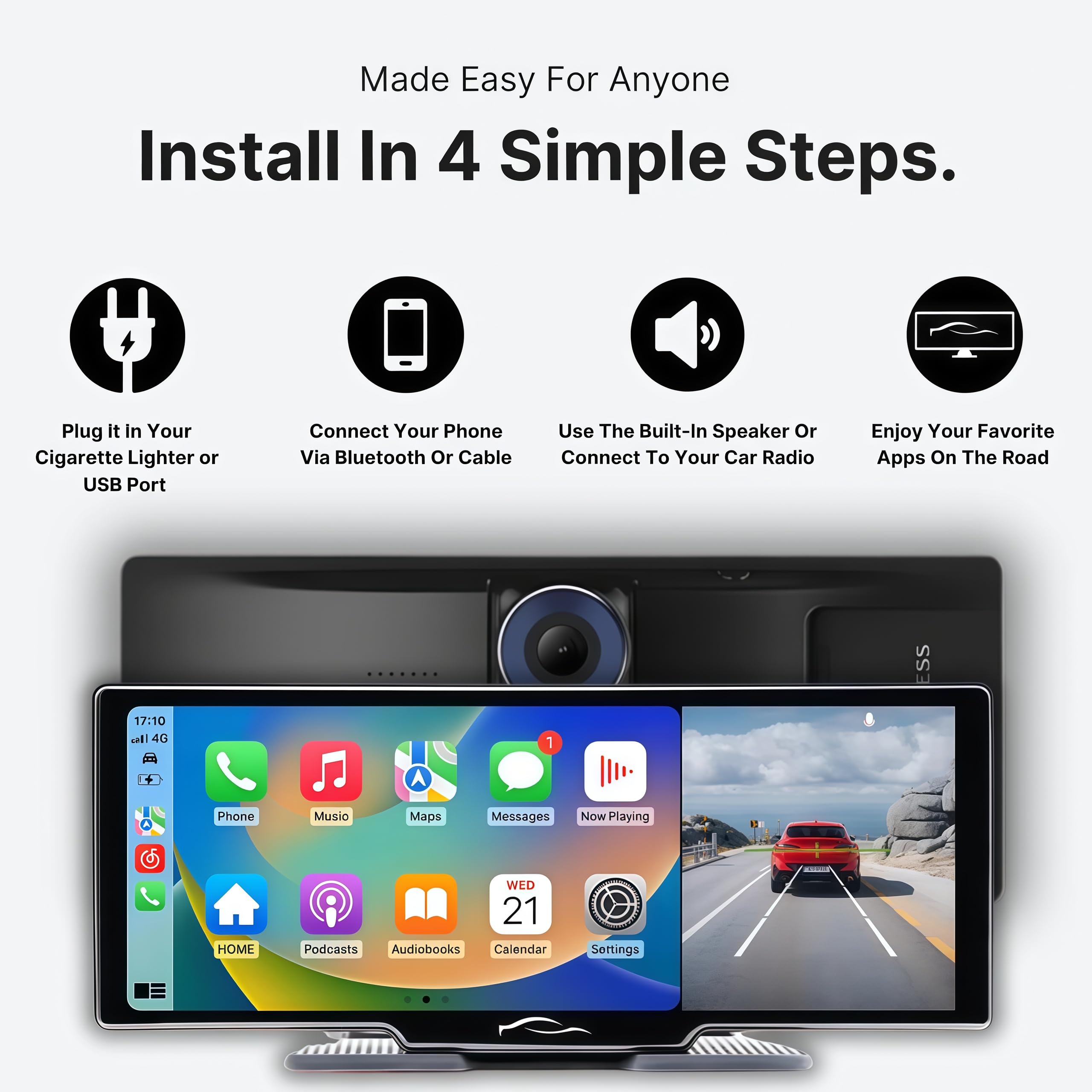 2025 Cartablet Pro Max 4K Car Tablet with Dash Cam - Front & Rear Camera, CarPlay, Navigation & Voice Control | In-Car Entertainment & Safety System for Road Trips & Daily Commutes