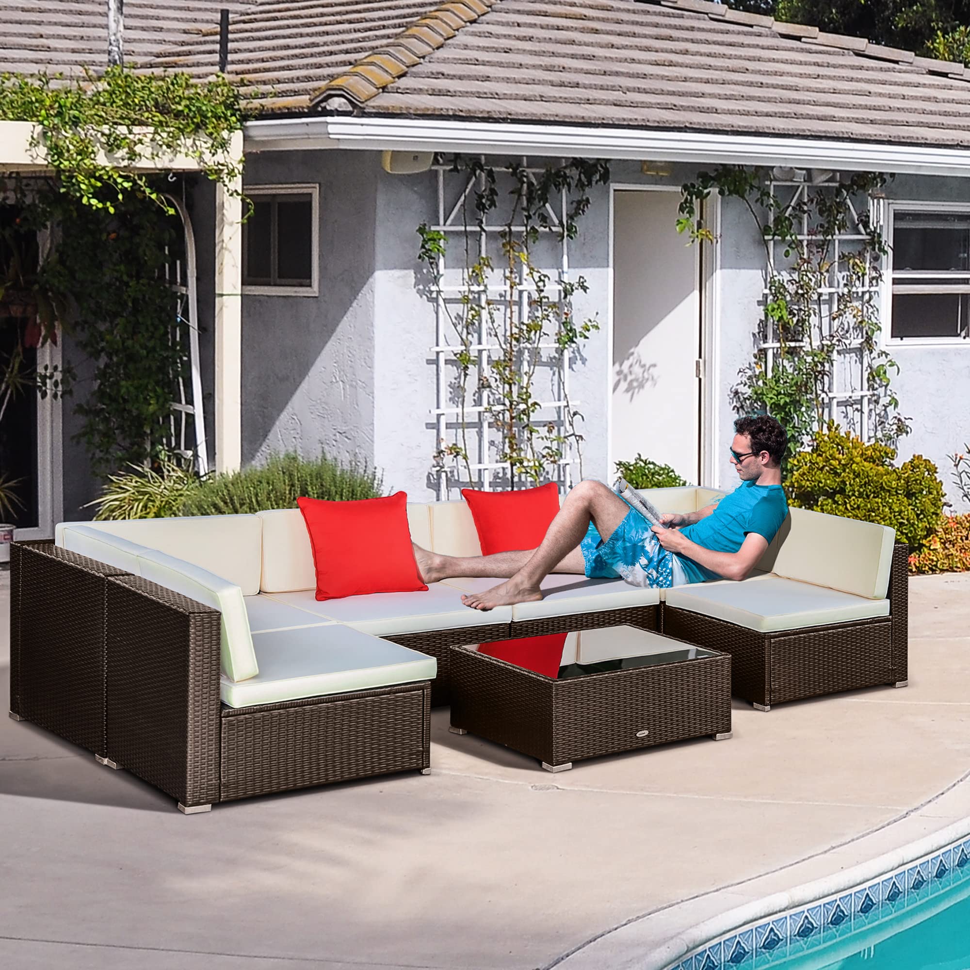 Outsunny 7-Piece Outdoor Patio Furniture Set - PE Rattan Wicker Sectional Sofa with Cushions, Throw Pillows & Coffee Table in Orange & Cream | Perfect for Backyard, Garden, Poolside & Patio Relaxation