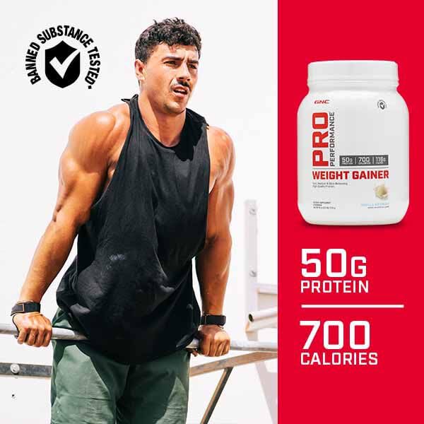 GNC Pro Performance Weight Gainer Protein Powder - Muscle Mass Builder, Banned Substance Tested, Strawberries & Cream Flavor (6 Servings) | Post-Workout Recovery & Bodybuilding Supplement for Athletes