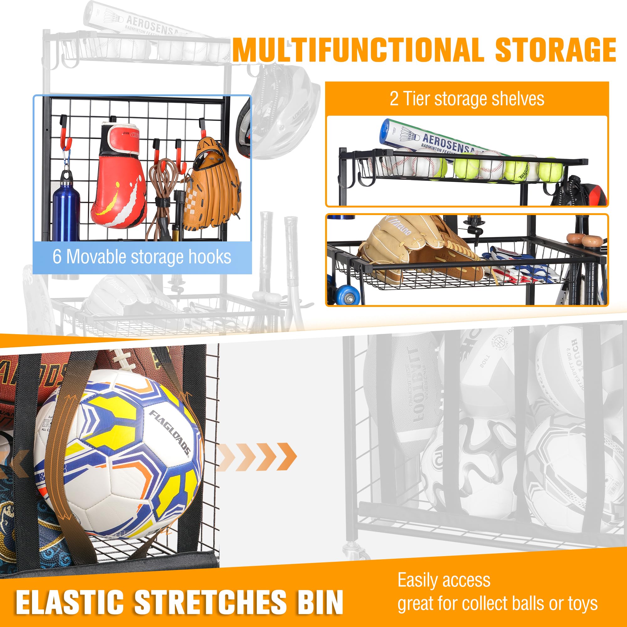 PLKOW Steel Ball Storage Rack - Heavy Duty Garage Organizer for Sports Equipment, Toys & Gear - Space Saving Black Storage Solution for Basketballs, Soccer Balls, Footballs & More - Perfect for Garage, Basement & Playroom Organization