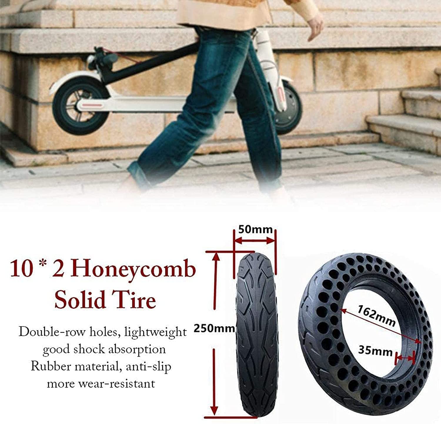 10 Inch Solid Rubber Electric Skateboard Tire - Durable Front/Rear Scooter Wheel Replacement for Electric Scooters & Skateboards - Perfect for Commuting, Urban Travel & Outdoor Adventures
