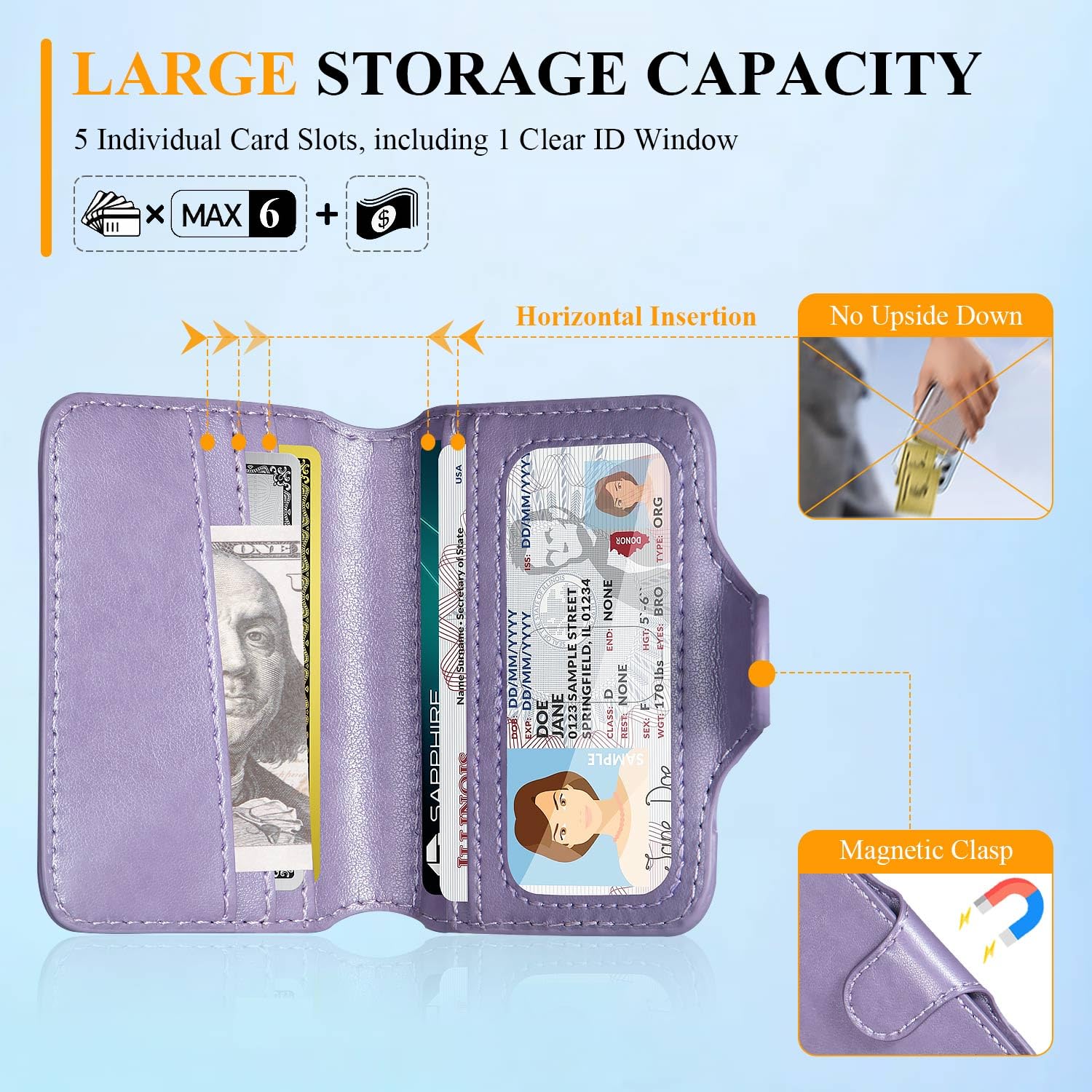 Magnetic Phone Wallet Card Holder - Slim Luxury Leather MagSafe Wallet with 5 Slots (Fits 7 Cards), RFID Blocking & ID Window - Compatible with MagSafe Phones & Cases - Perfect for iPhone Users, Daily Commute & Travel - Pastel Purple for Women & Men