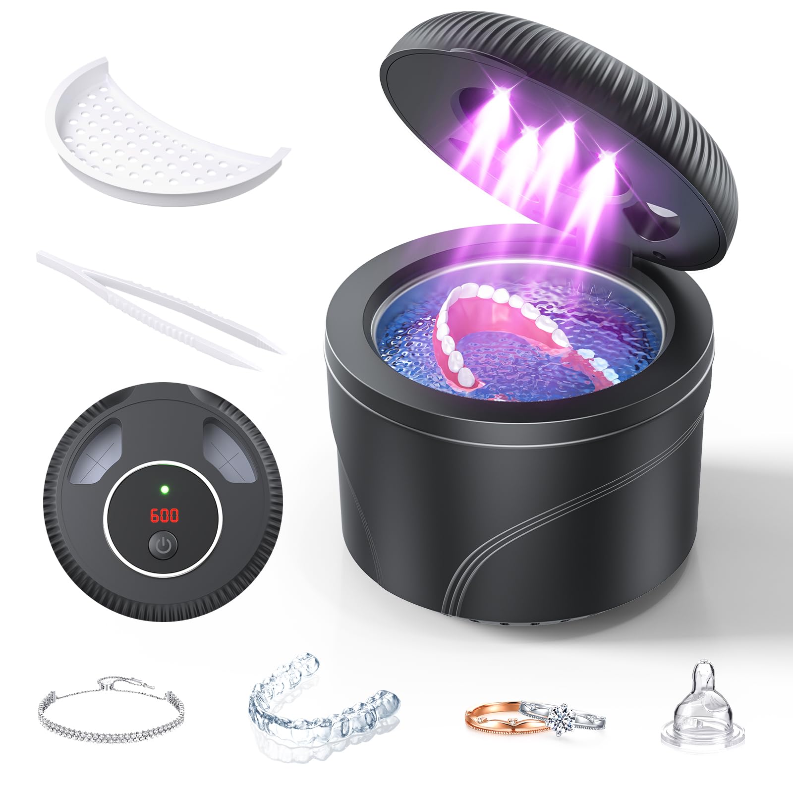 Ultrasonic Retainer Cleaner Machine - 45kHz Dental Appliance Cleaner for Dentures, Mouth Guards, Aligners & Jewelry | 4 Cleaning Modes with Digital Timer & 200ML Tank | Perfect for Daily Oral Care, Travel & Home Use