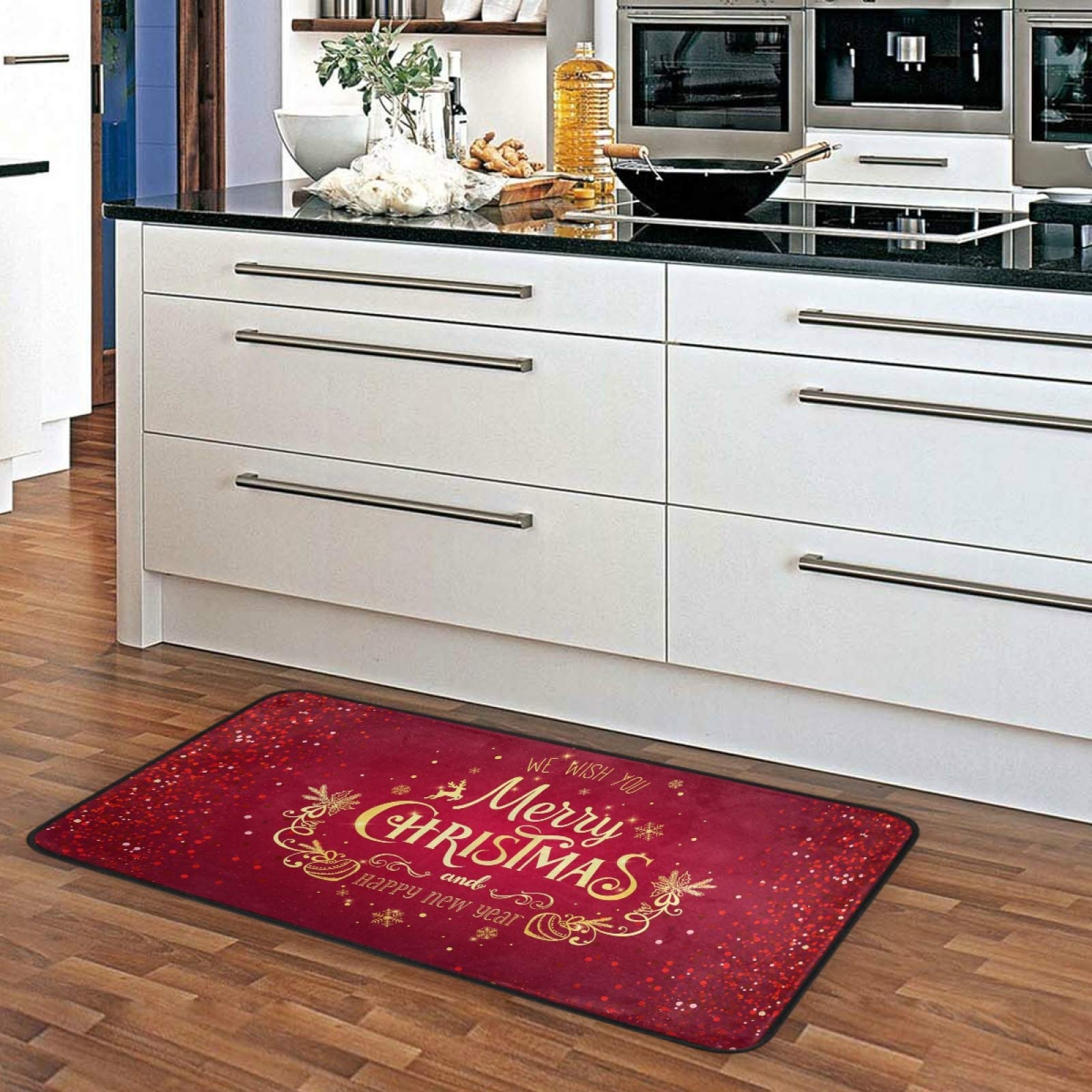 Christmas Snowflake Non-Slip Kitchen Rug - Washable Winter Red Sparkle Floor Mat for Indoor Use - Perfect for Bedroom, Living Room & Bathroom Decor - 39
