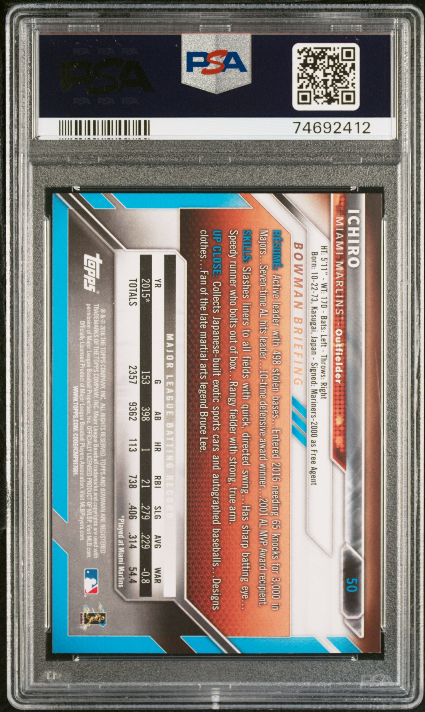 2016 Bowman Ichiro #50 PSA 10 Gem Mint Baseball Card - Perfect for Collectors & Sports Memorabilia Enthusiasts - Display, Trade, or Invest in Rare Cards