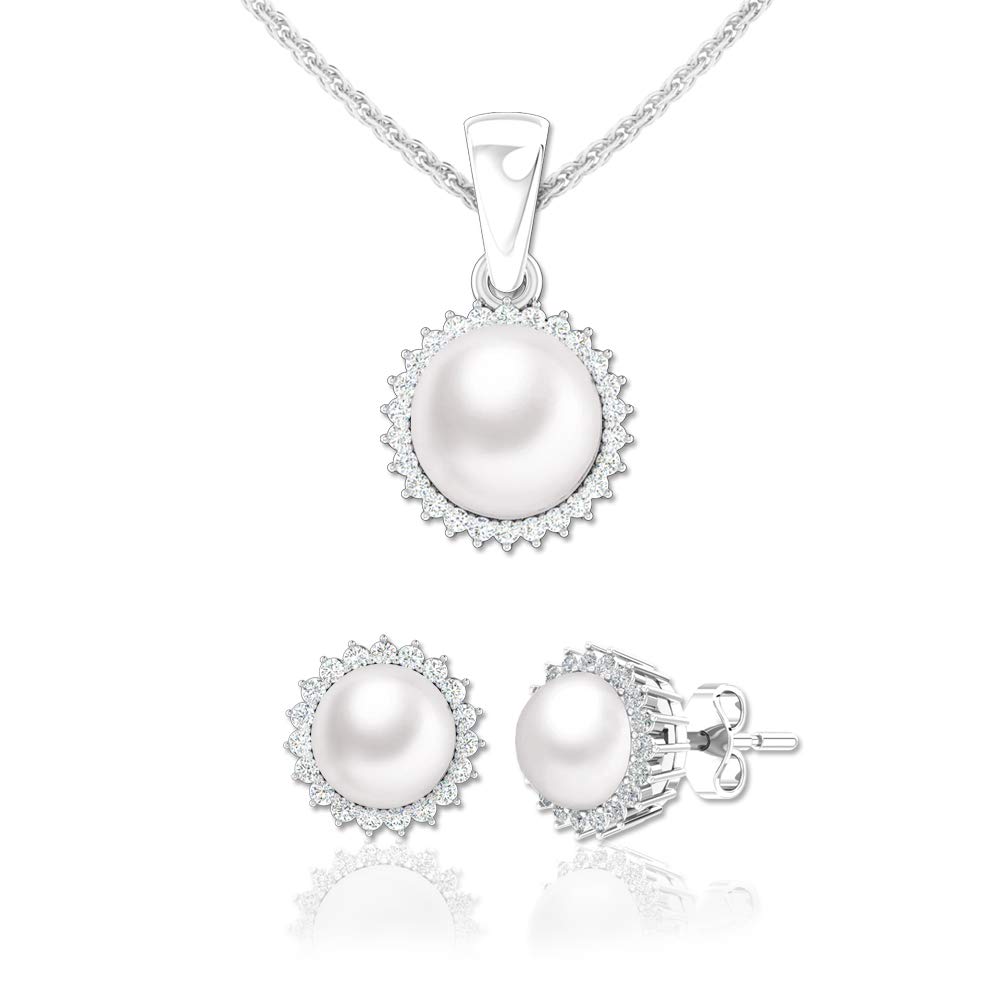 6.1 Carat Sterling Silver Freshwater Pearl & Cubic Zirconia Stud Earrings and Pendant Necklace Set for Women - Elegant Jewelry Gift for Weddings, Parties & Special Occasions