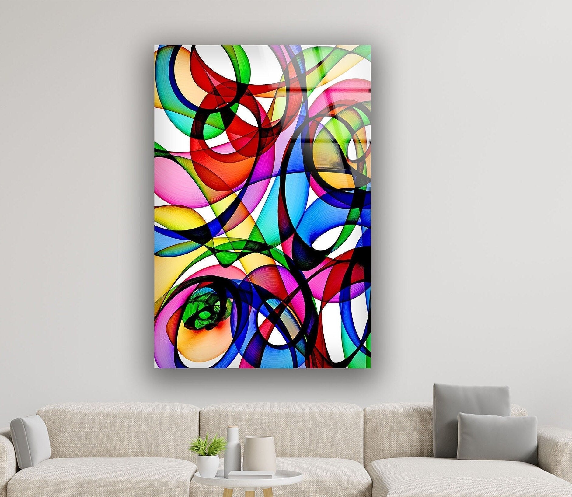 Abstract Circles Glass Wall Art - Modern Geometric Home Decor for Living Room, Bedroom & Office - Handmade Glass Wall Hangings for Stylish Interior Design