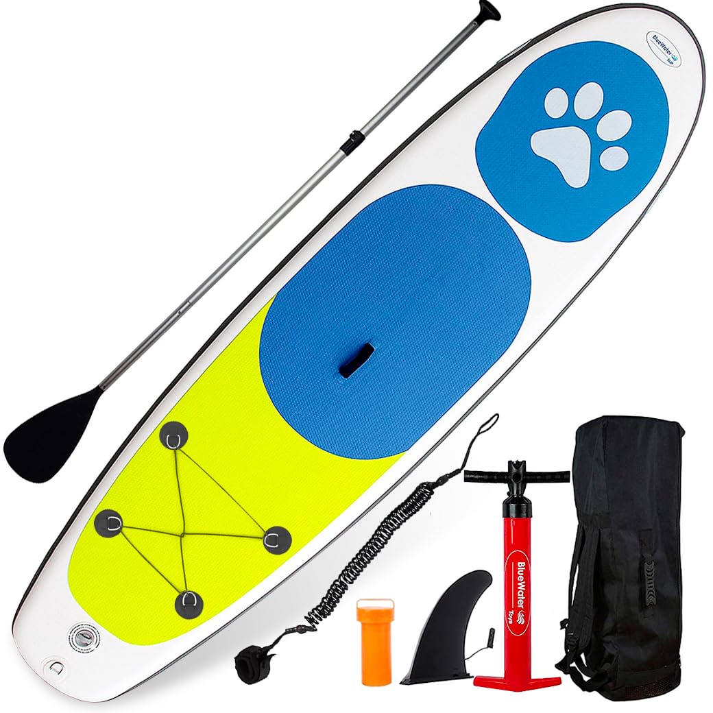 **Blue Water Toys Inflatable Stand Up Paddle Board - 11ft SUP with Nylon & Mesh Deck, UV-Resistant Honeycomb EVA Pad - Complete Set for Pets & Humans - Perfect for Lakes, Rivers & Beach Adventures**
