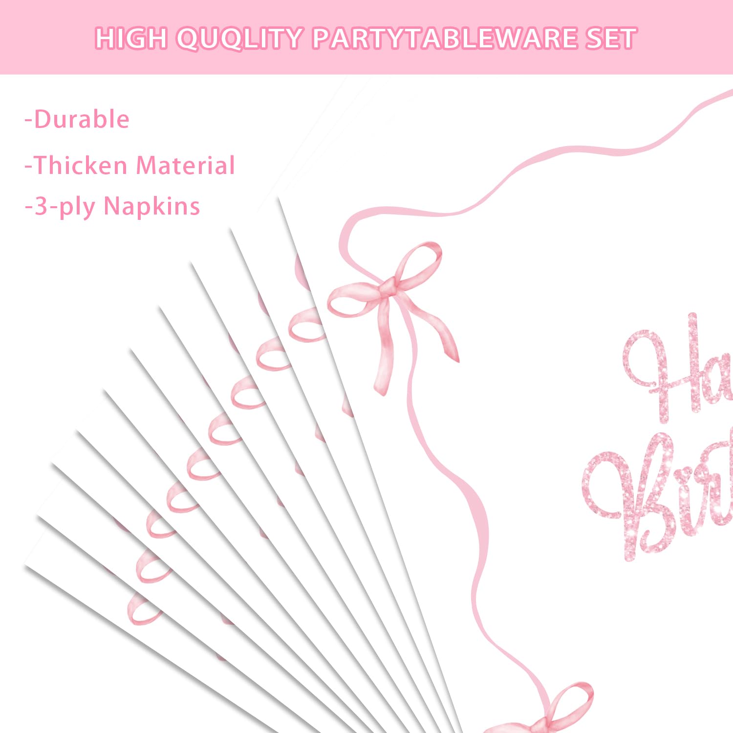 96Pcs Pink Bow Birthday Party Decorations Set - Coquette Theme Tableware Includes Napkins, Plates & Forks - Perfect for Girls Birthday Party, Baby Shower, Bridal Shower & Themed Events