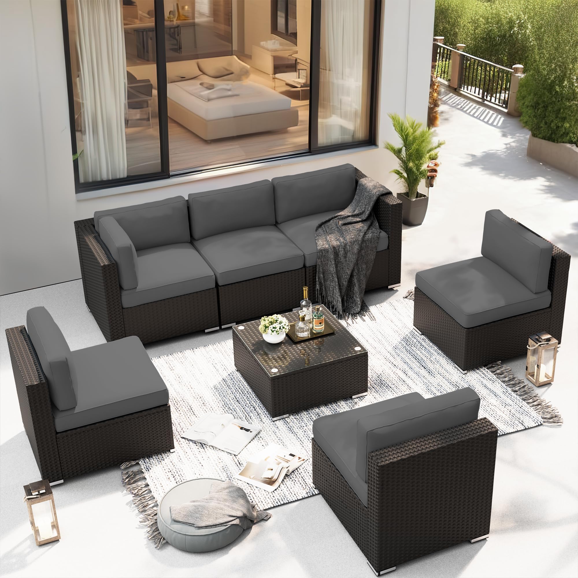 SOLAURA 7-Piece Outdoor Patio Furniture Set - Black Brown Rattan Sectional Sofa with Coffee Table & Gray Cushions - Weather-Resistant Modular Conversation Set for Garden, Poolside, and Backyard Relaxation