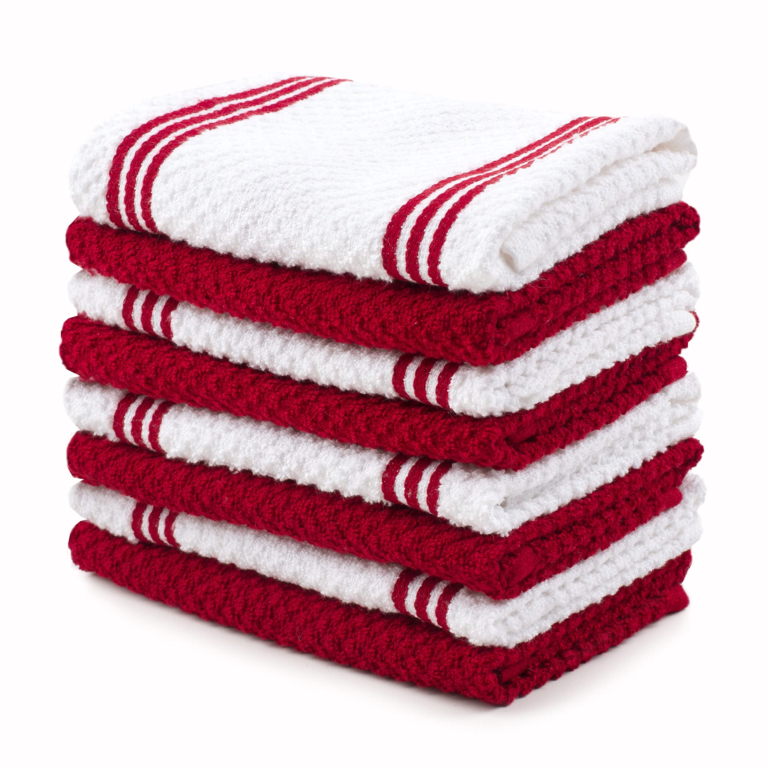 Premium 100% Cotton Kitchen Towels Set of 8 - Absorbent Dish Cloths & Tea Towels (12x12 Inch) | OEKO-TEX Certified, Reusable Cleaning Cloths in Red & White | Perfect for Dish Drying, Counter Cleaning & Kitchen Decor