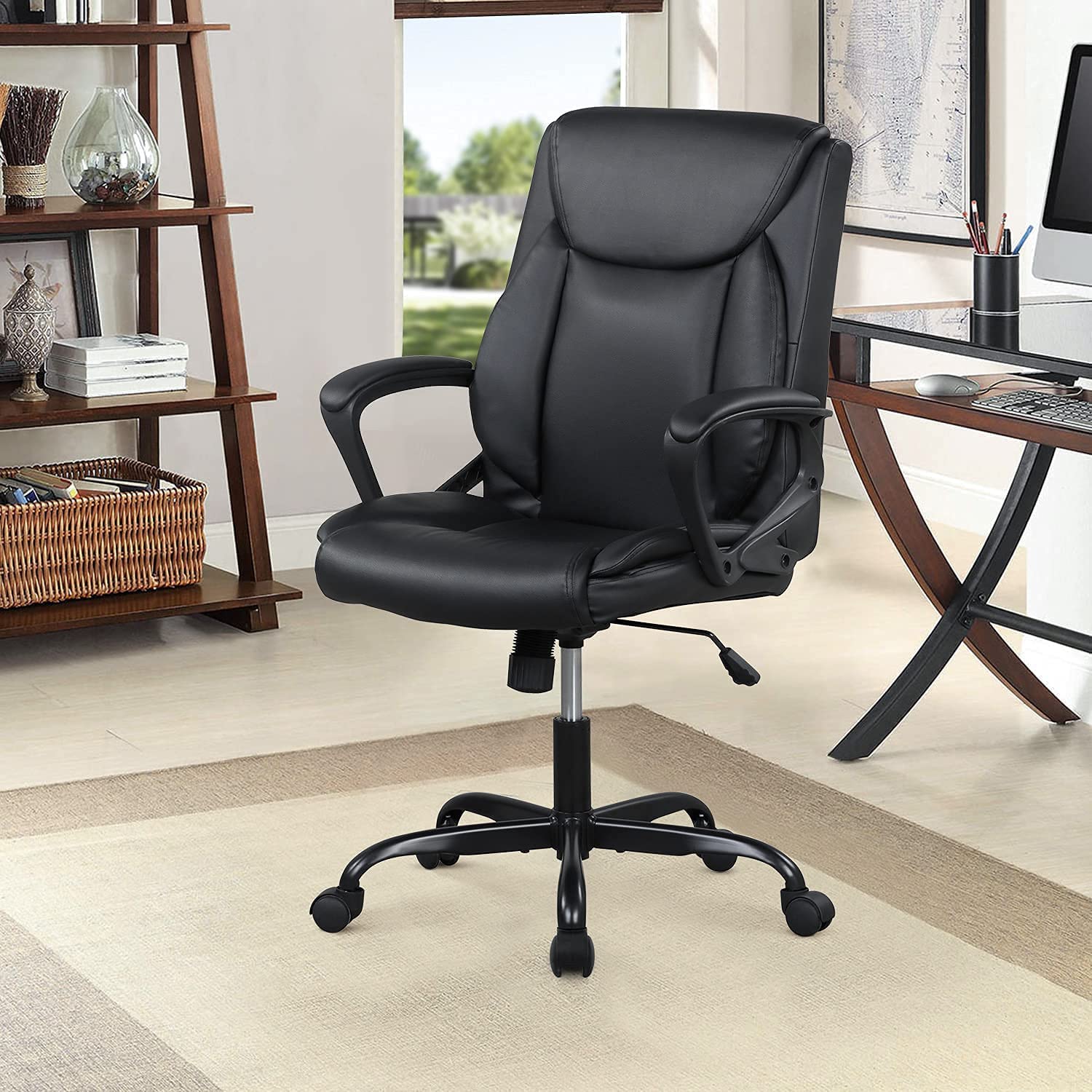 Ergonomic Office Chair with Mid Back & Lumbar Support - Big & Tall Computer Desk Chair for 250 lbs - Wide PU Leather Seat with Rolling Wheels - Perfect for Home Office, Gaming & Workspaces (Black)