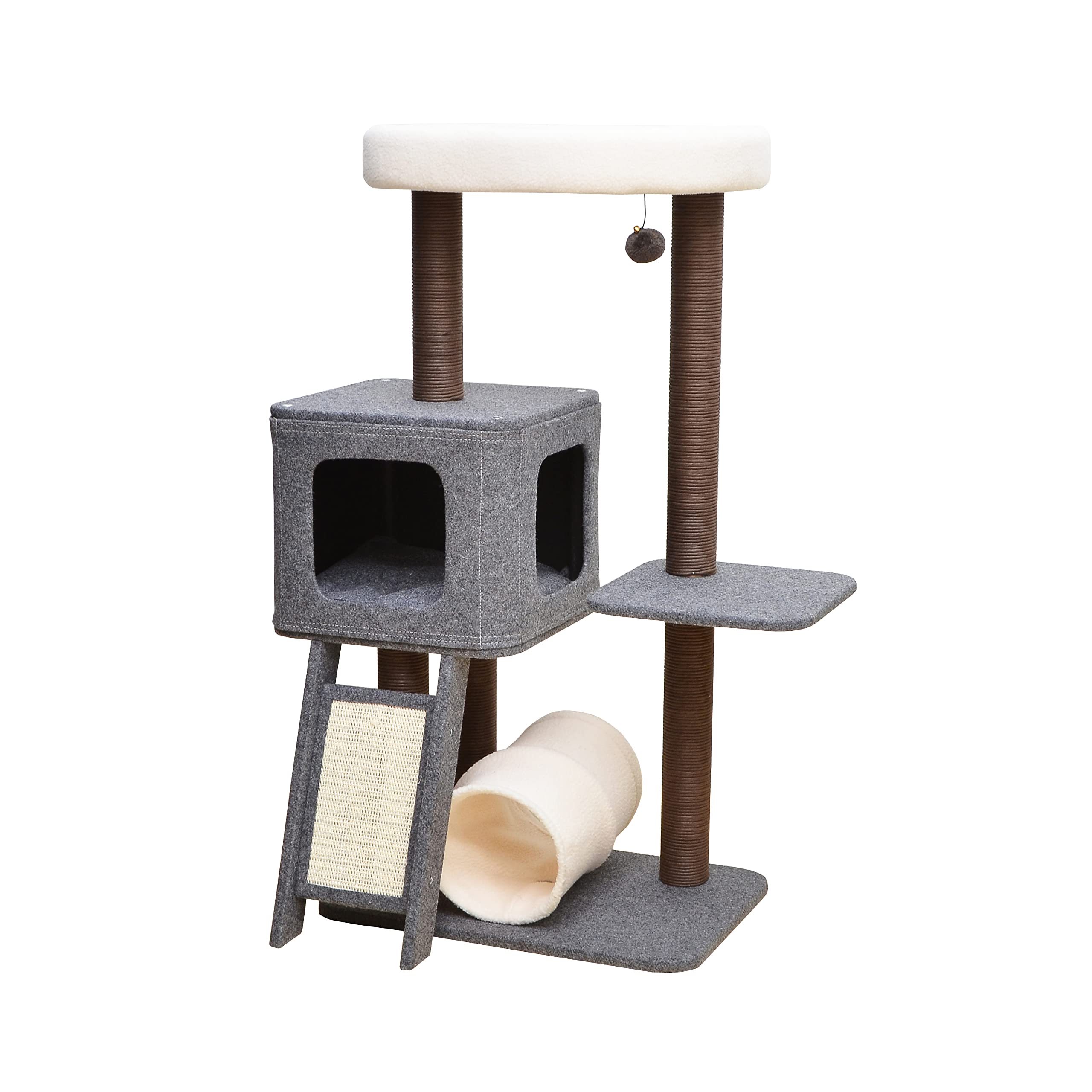 Catry 43.5 Inch Multi-Level Cat Tree with Scratching Pad, Hammock & Toys - Durable Cat Playhouse Furniture for Indoor Kittens | Perfect for Climbing, Resting & Play | Easy Assembly Grey Beige Cat Tower for Home, Apartment & Office