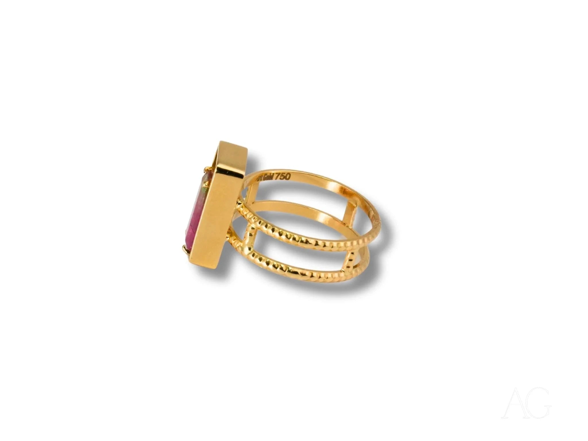 18K Yellow Gold Bi-Color Pink & Green Tourmaline Harmony Stone Ring | Elegant Gemstone Jewelry for Women | Perfect for Weddings, Anniversaries & Special Occasions