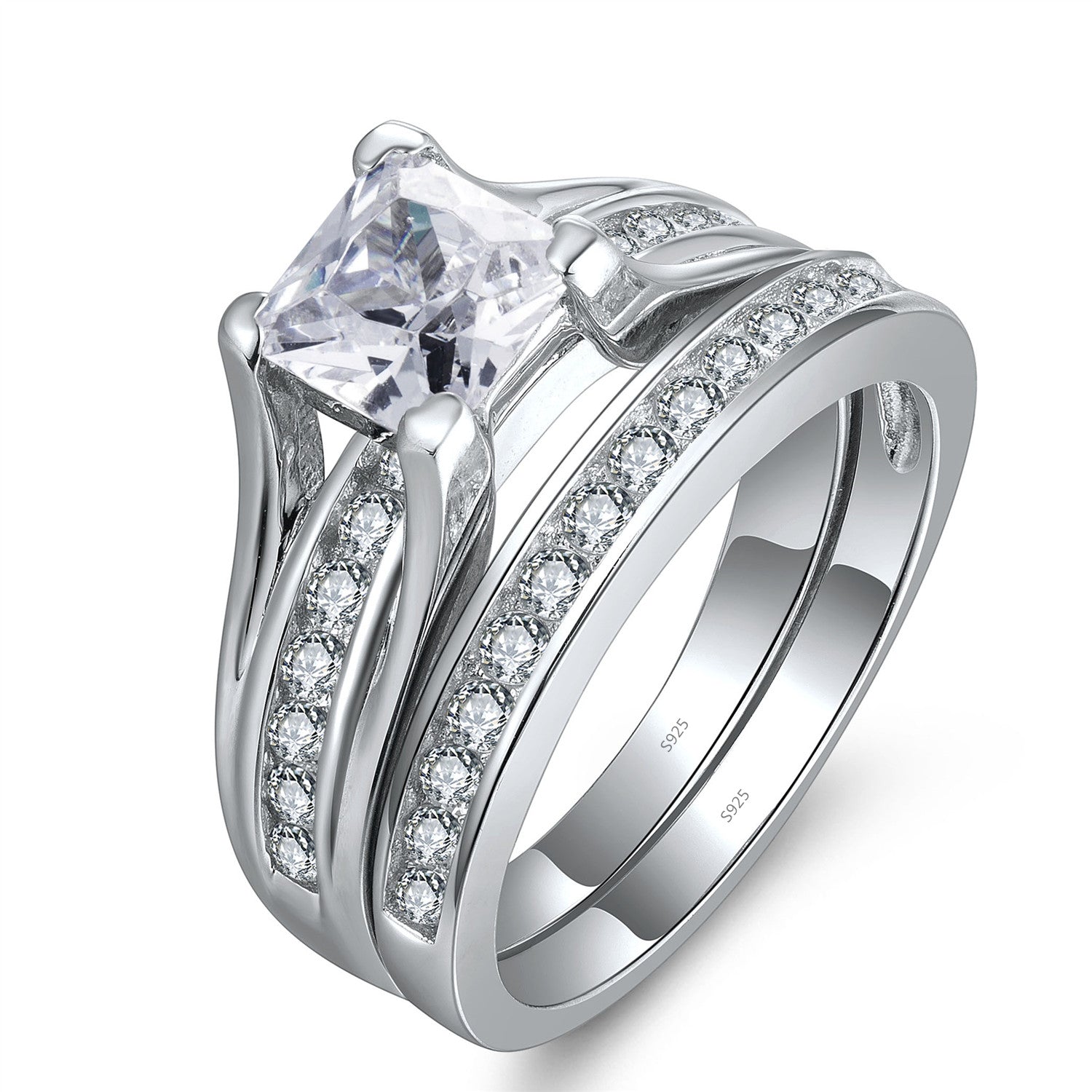 MABELLA 925 Sterling Silver Cubic Zirconia Princess Cut Wedding Ring Set for Women - Elegant Engagement & Bridal Jewelry for Proposals, Anniversaries, and Special Occasions