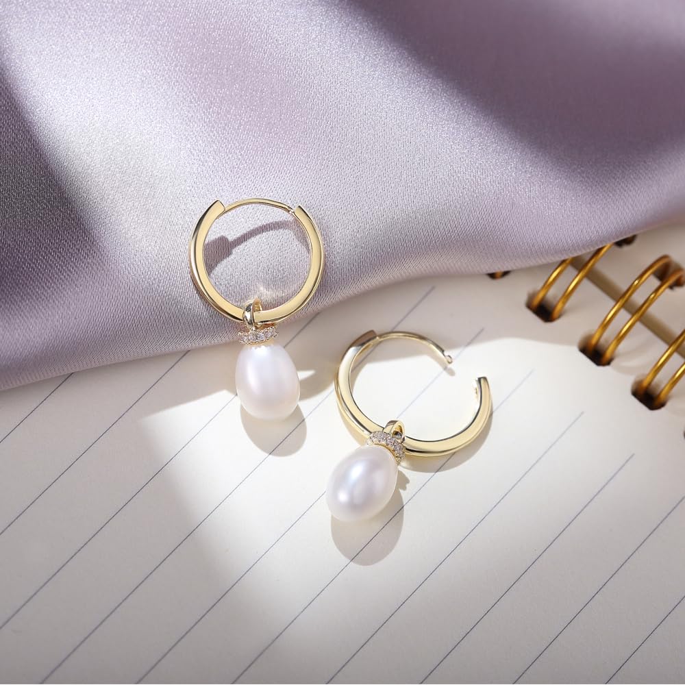 14K Gold Huggie Hoop Earrings for Women - Pearl Drop Dangle Earrings | Elegant Everyday Jewelry & Special Occasion Gift