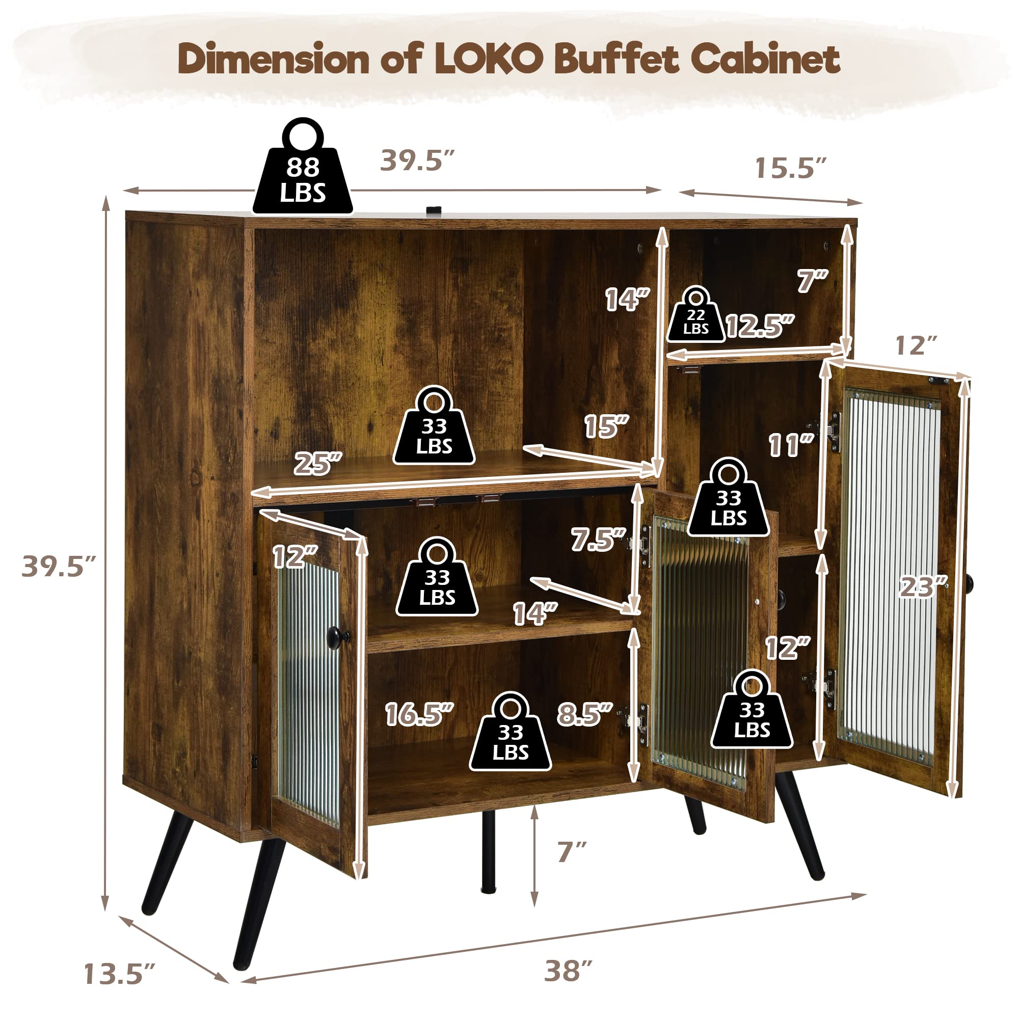 LOKO Rustic Buffet Cabinet with Storage - Industrial Kitchen Sideboard, Adjustable Shelves, Retro Credenza Floor Cabinet, 39.5 x 15.5 x 39.5 Inches - Perfect for Dining Room, Living Room & Entryway Storage