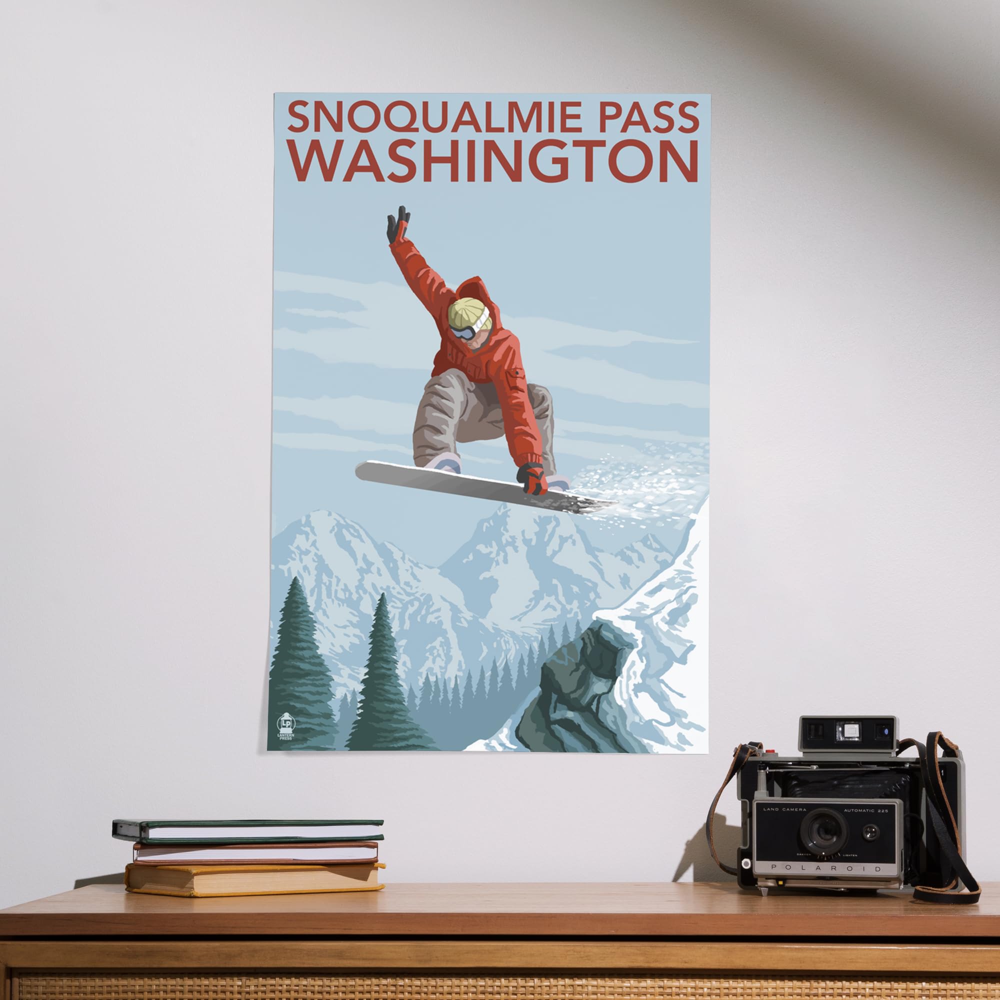 Lantern Press 16x24 Inch Giclee Art Print - Snowboarder Jumping at Snoqualmie Pass Washington | Mountain Sports Wall Decor for Ski Lodge, Cabin & Adventure Themed Rooms