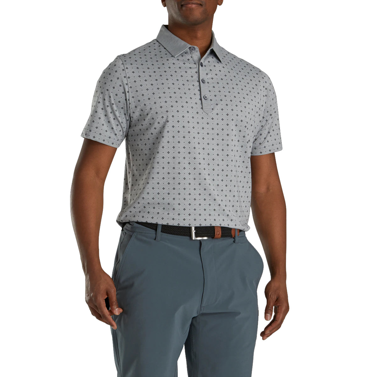 FootJoy Men's Athletic Fit Golf Polo - Moisture-Wicking, Breathable Heather Grey with Deco Print - Perfect for Golf, Casual Wear & Outdoor Activities