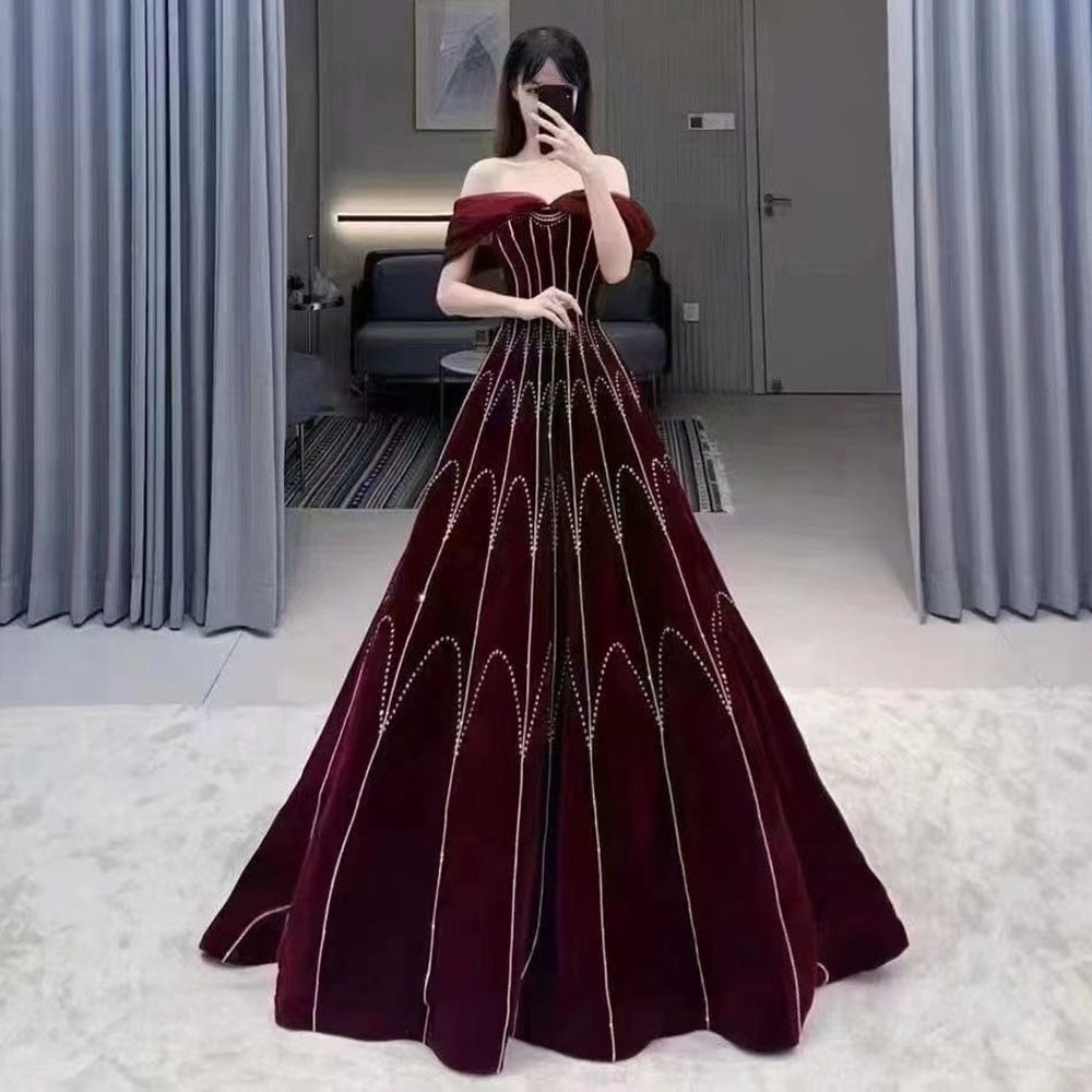 Serene Hill Women's Wine Red A-Line Sleeveless Beaded Evening Gown with Geometric Pattern - Perfect for Cocktail Parties, Weddings & Formal Events