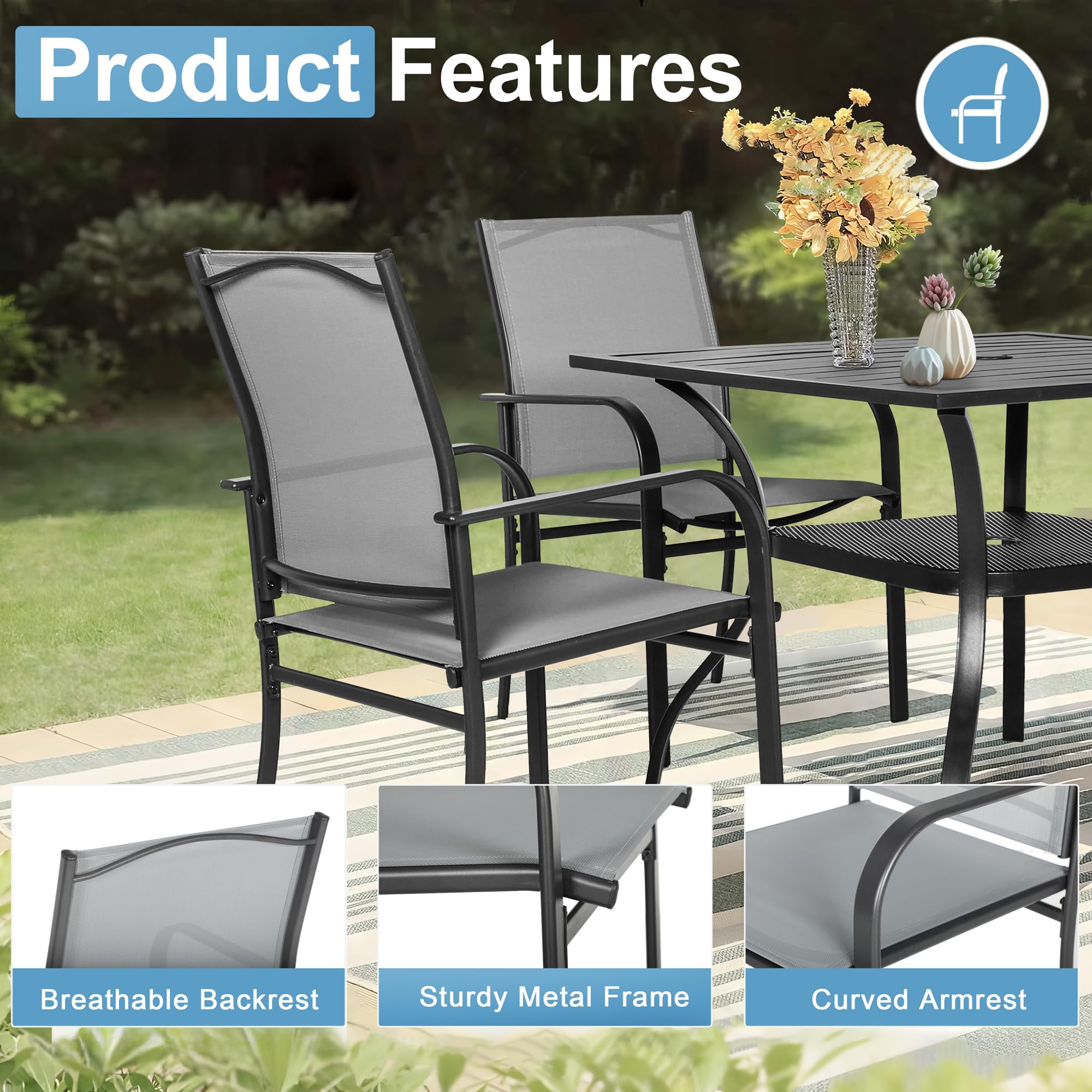 Crownland 5-Piece Outdoor Patio Dining Set - 4 Textilene Metal Chairs & Square Table with 1.57