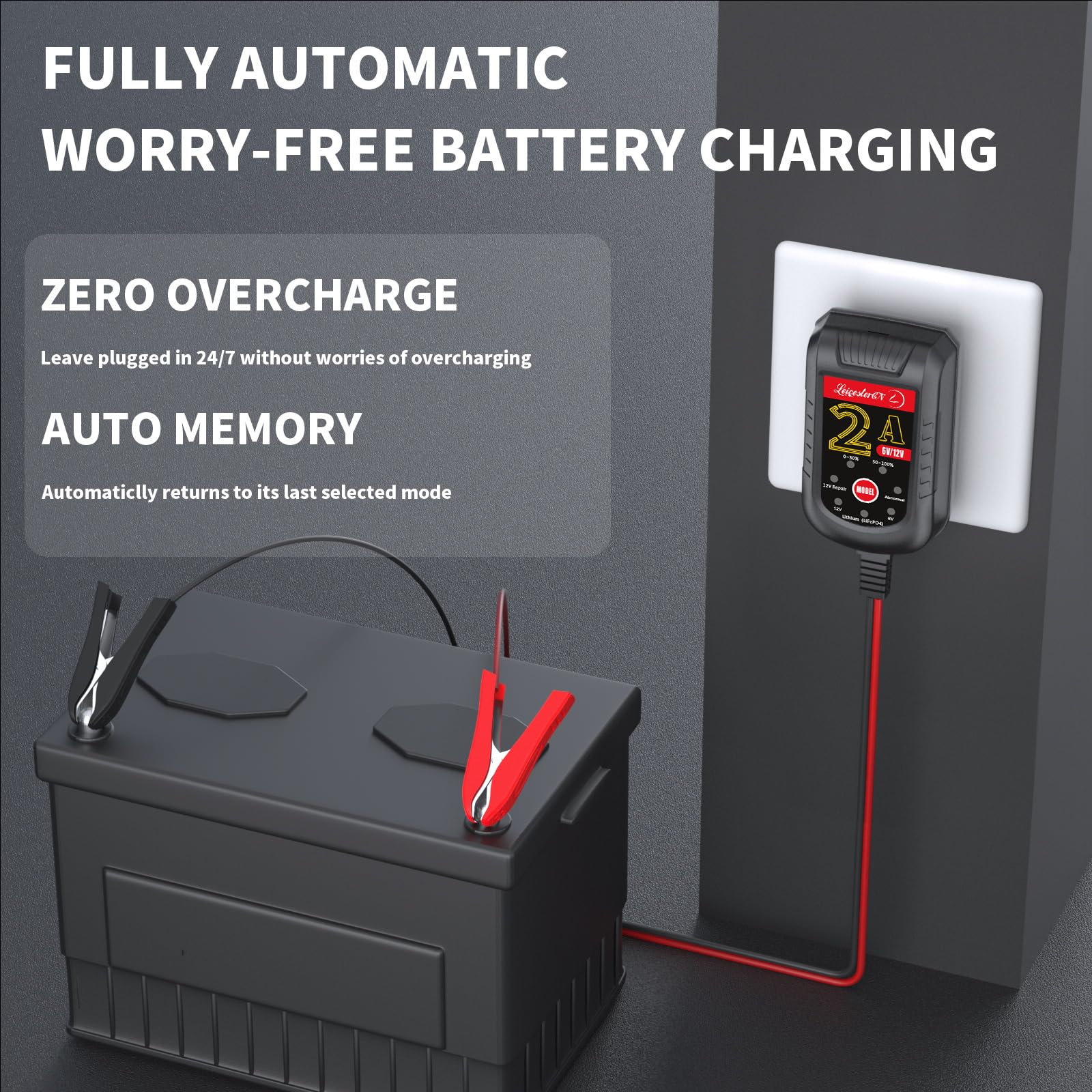 2A Smart Car Battery Charger 12V/6V - Automatic Battery Maintainer, Trickle Charger & Desulfator for Motorcycle, Boat, Lawn Mower - Supports Lithium (LiFePO4) & Lead-Acid Batteries - Perfect for Winter Storage & Seasonal Vehicle Maintenance (1 Pack)