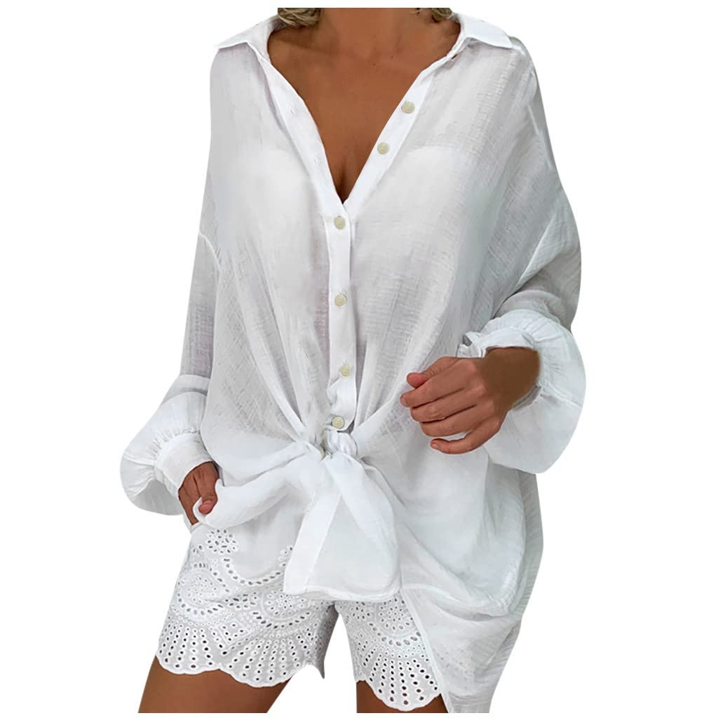 Plus Size Linen Tops for Women - Solid Color Button Down Cardigan with Lantern Sleeves & Lapel | Flowy Summer Long Shirt Dress | Casual Office Wear, Beach Cover Up & Vacation Outfit