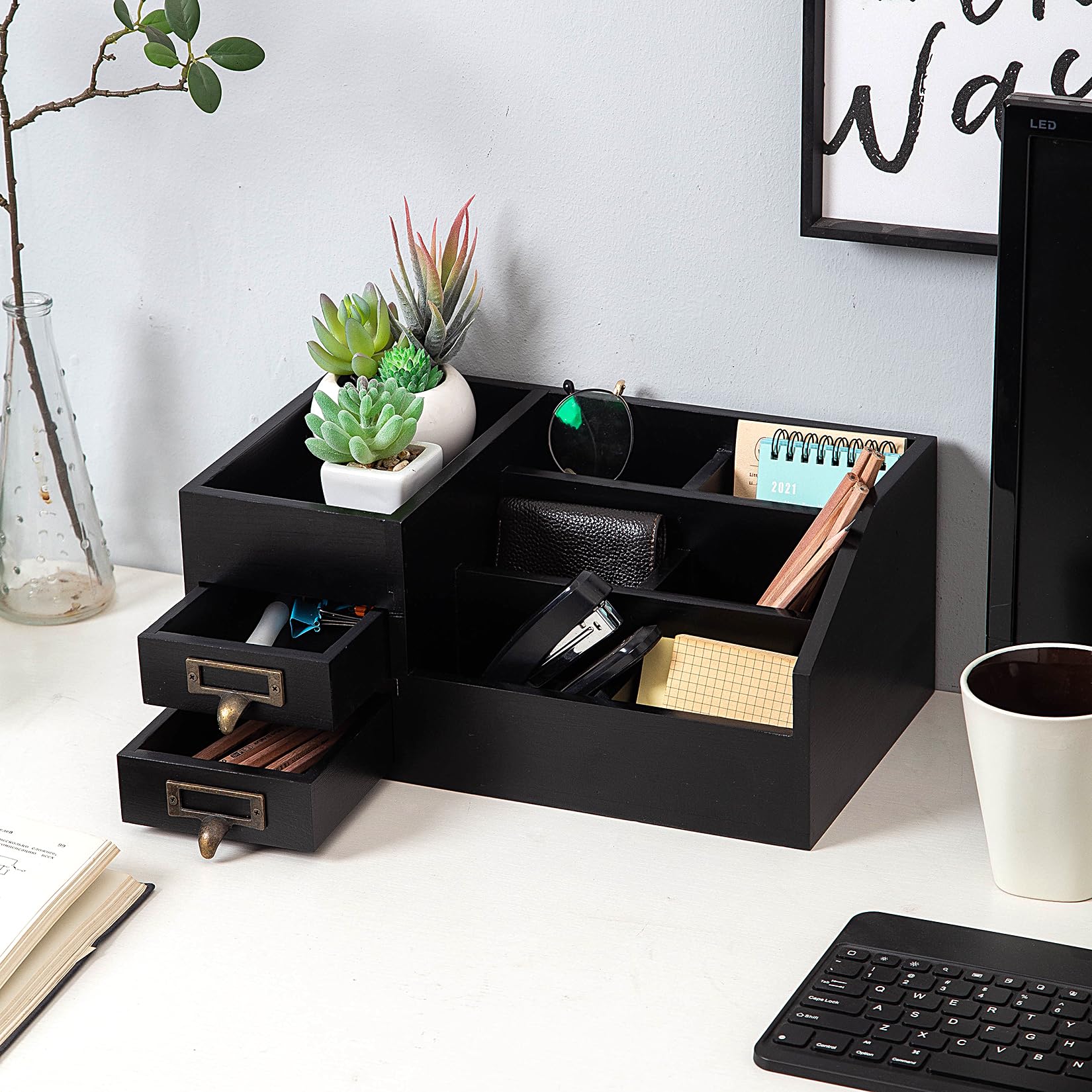 Distressed Rustic Wooden Office Desktop Organizer - 2-Tier Drawer Shelf with Multiple Compartments | Jewelry Storage Display Box for Desk, Vanity & Home Decor | Perfect for Organizing Office Supplies, Cosmetics & Small Accessories (Black)