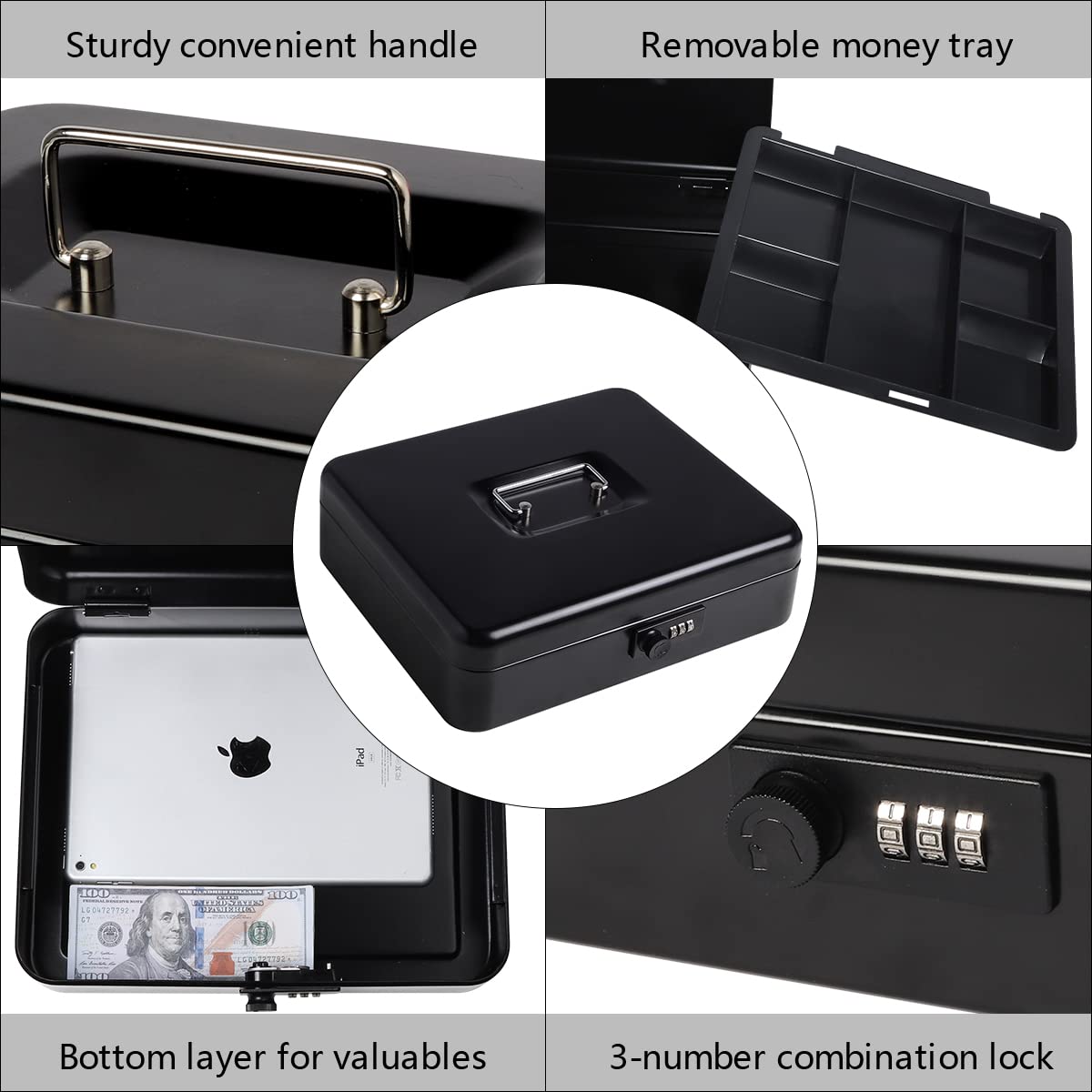 Kasten Heavy Duty Metal Cash Box with Money Tray & Combination Lock - Large Black Money Storage Box (11.8
