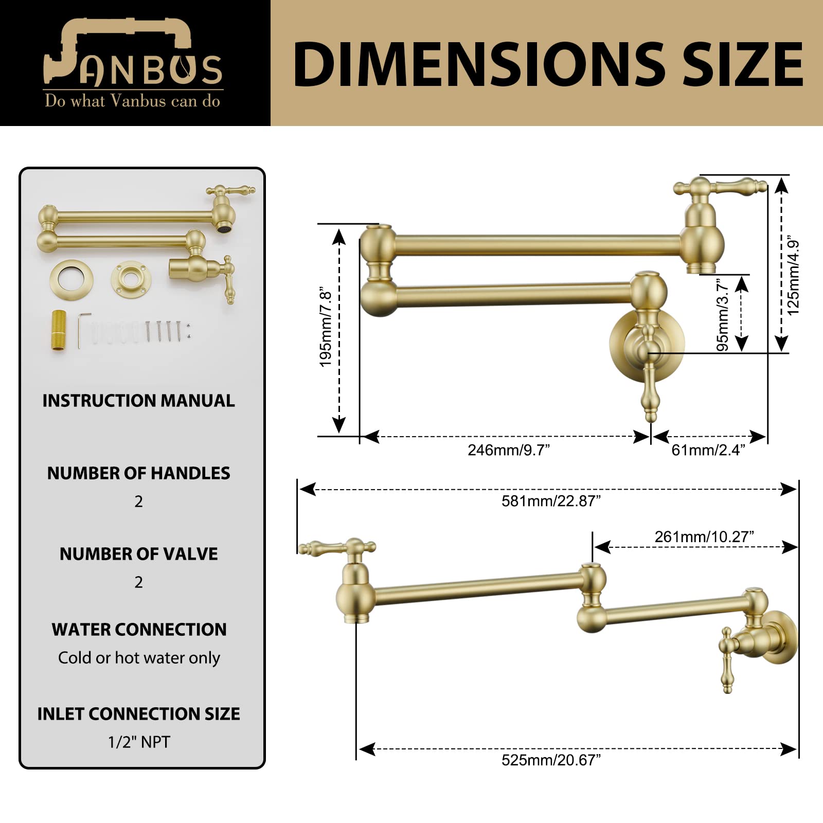 Brass Wall Mounted Pot Filler Faucet - Brushed Gold Commercial Kitchen Faucet with Double Joint Swing Arms for Stove - Perfect for Home Chefs & Restaurant Use