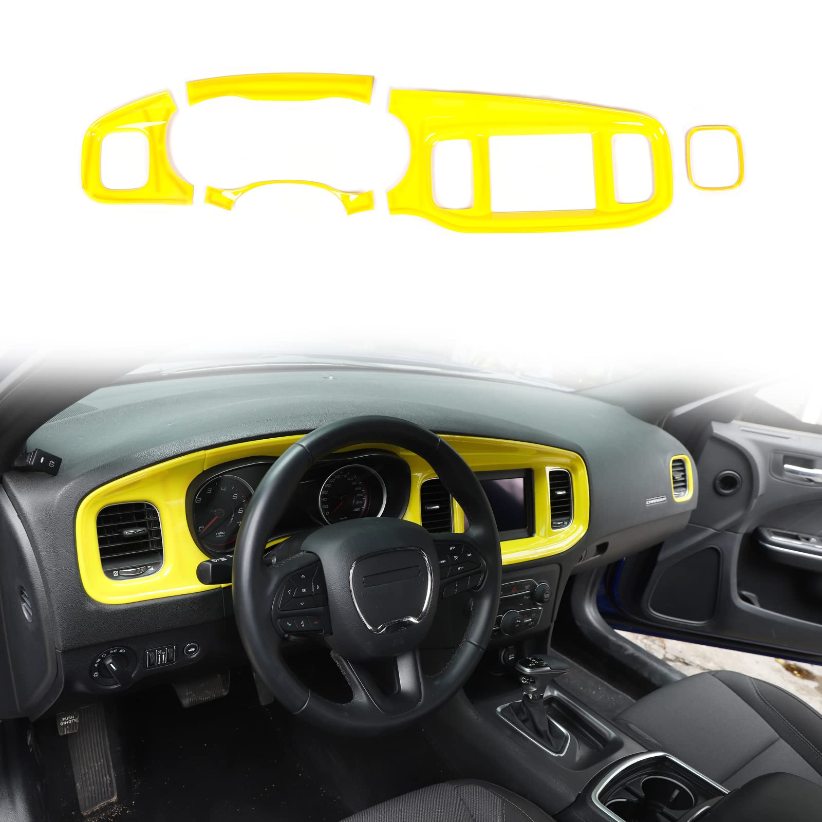 2015-2024 Dodge Charger ABS Yellow Dashboard Trim Panel Kit - 5-Piece Interior Accessories Set for Center Console & Gauge Cluster Upgrade | Perfect for Car Customization & Interior Styling