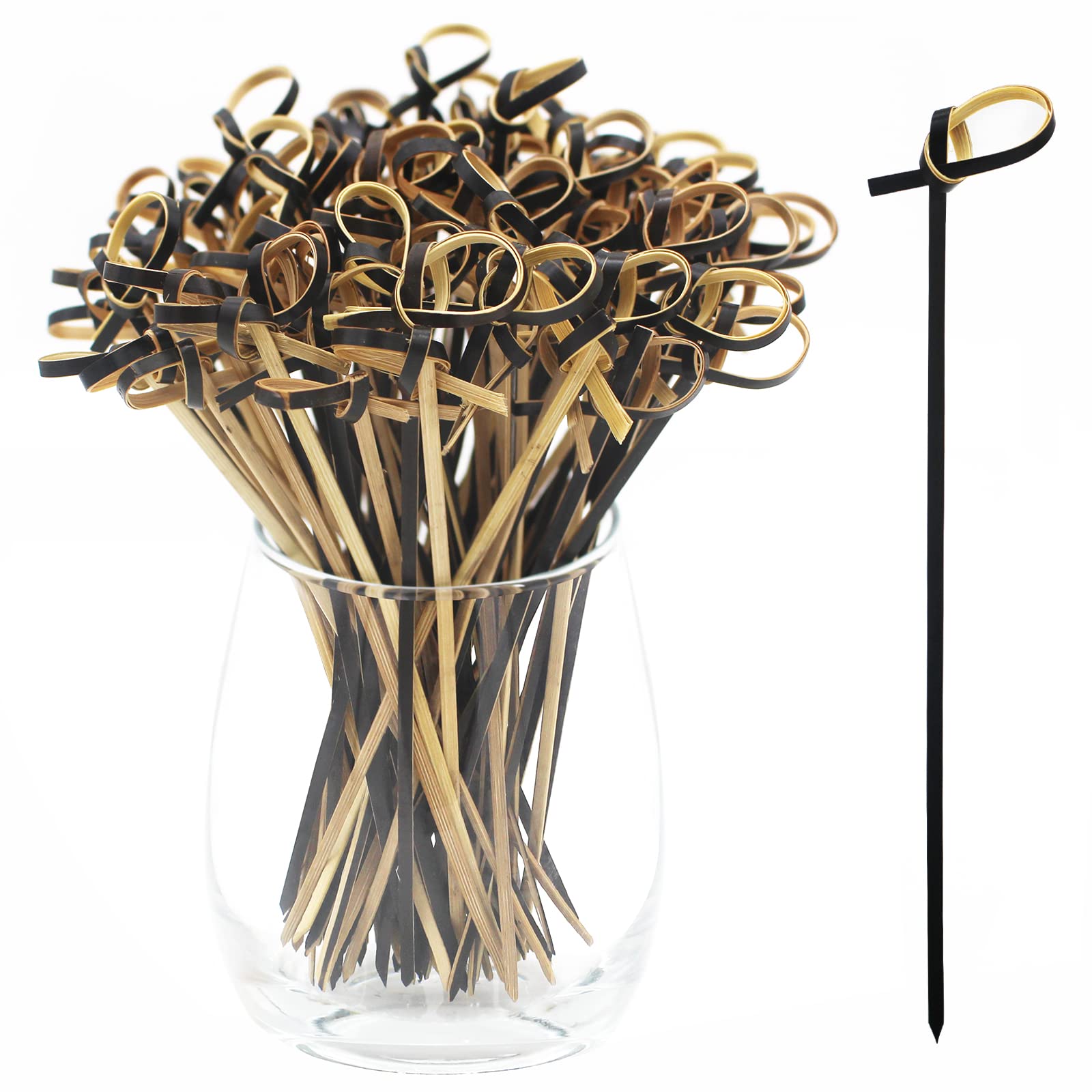100-Pack Blue Top 6-Inch Black Bamboo Cocktail Picks with Looped Knot | Reusable Food Skewers for Appetizers, Cocktails, BBQ Snacks & Club Sandwiches | Perfect for Parties, Weddings & Home Entertaining