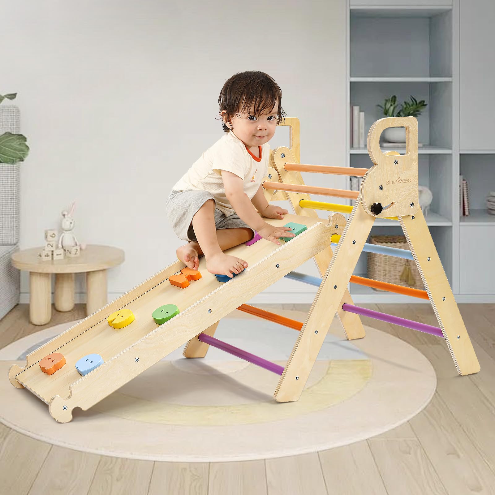 BlueWood Foldable Pikler Triangle Climber Set for Toddlers - 2-in-1 Climbing Toy with Ramp, Indoor Jungle Gym for Kids (Rainbow Color) - Perfect for Montessori Play, Home Gym & Early Childhood Development