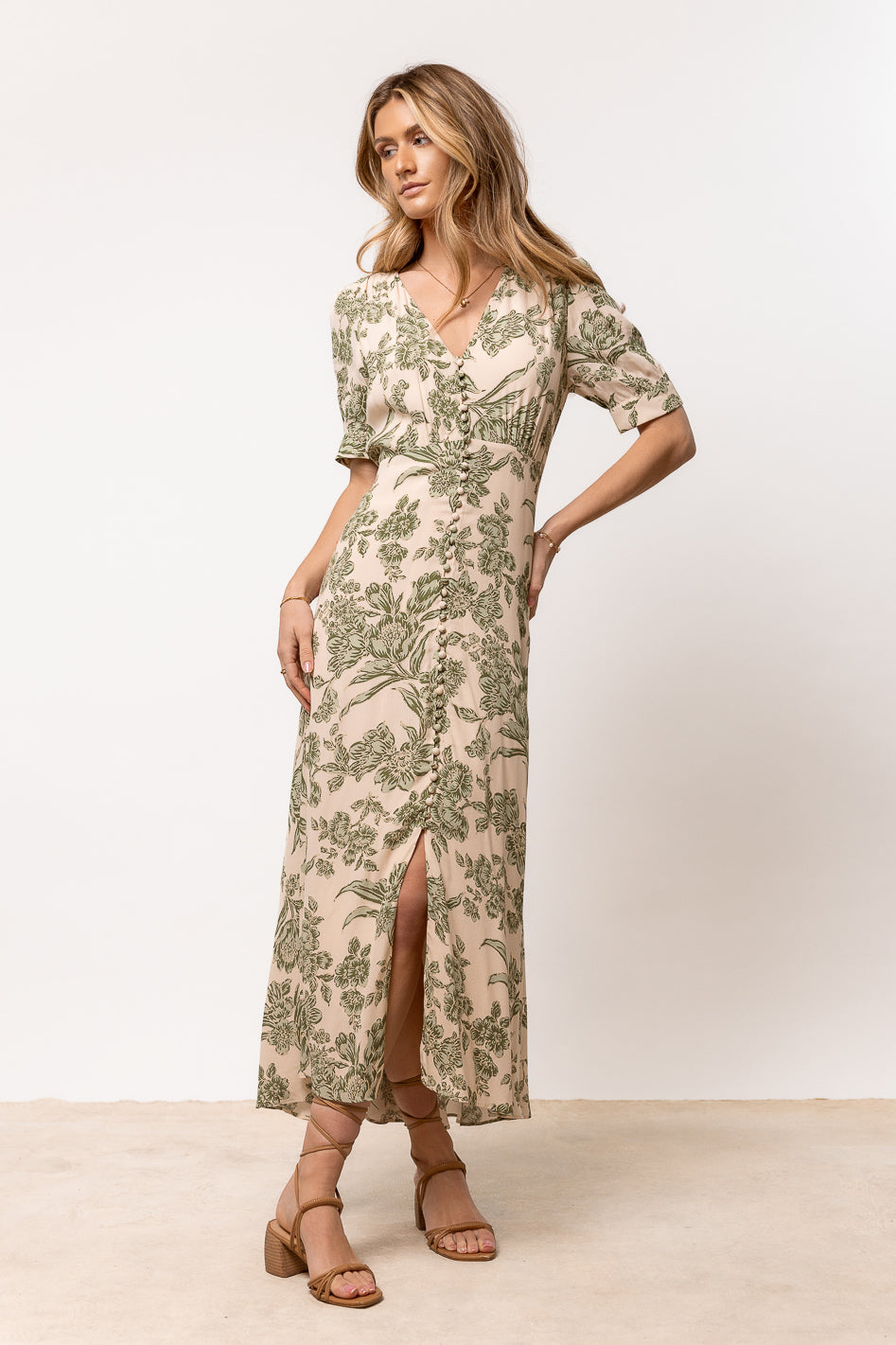 Lia Floral Midi Dress in Sage Green - Elegant Flowy Summer Dress for Women, Perfect for Weddings, Parties & Casual Outings