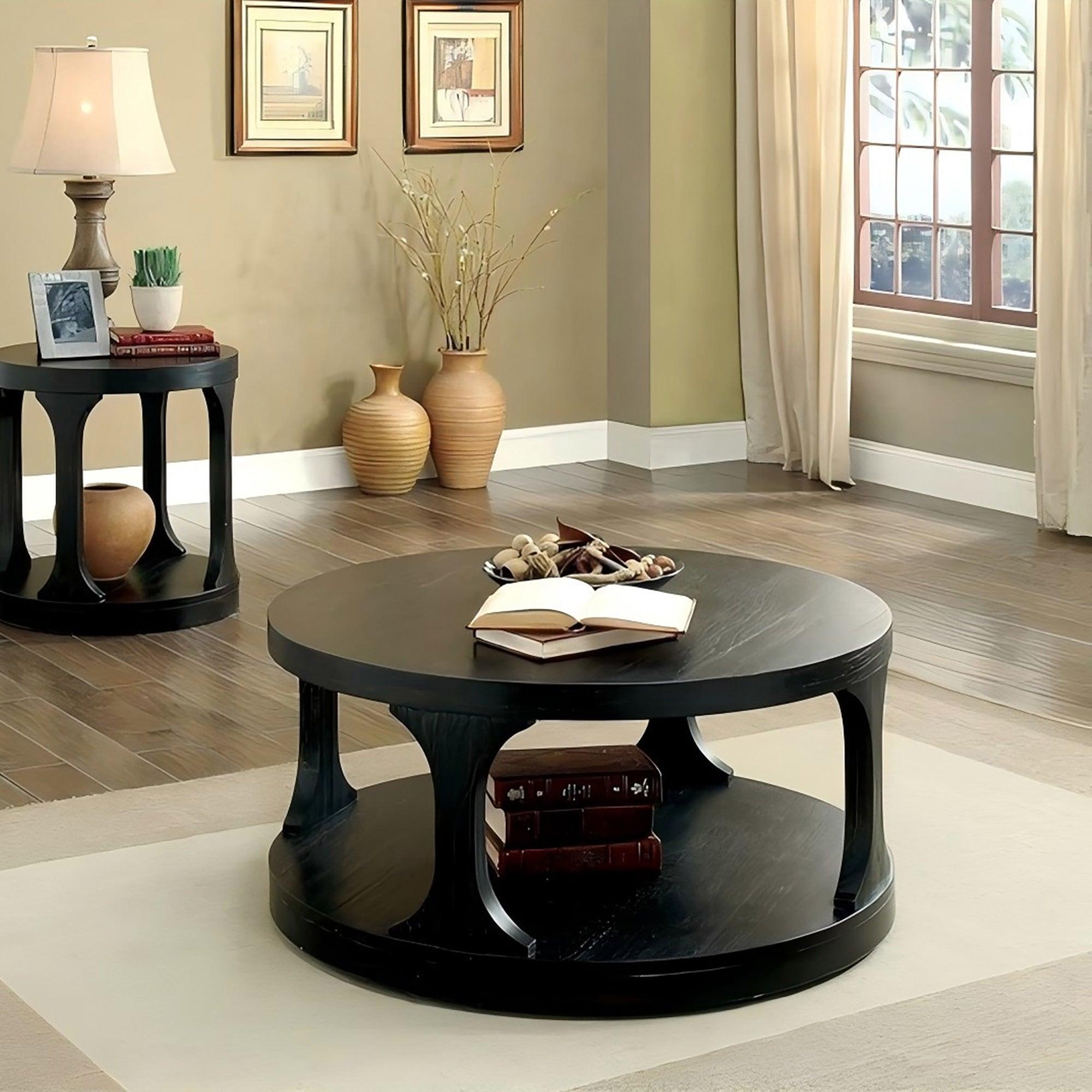 Antique Black Round Coffee Table with Open Shelf - 18 Inch Height, Sturdy Structure for Living Room, Lounge & Office Use