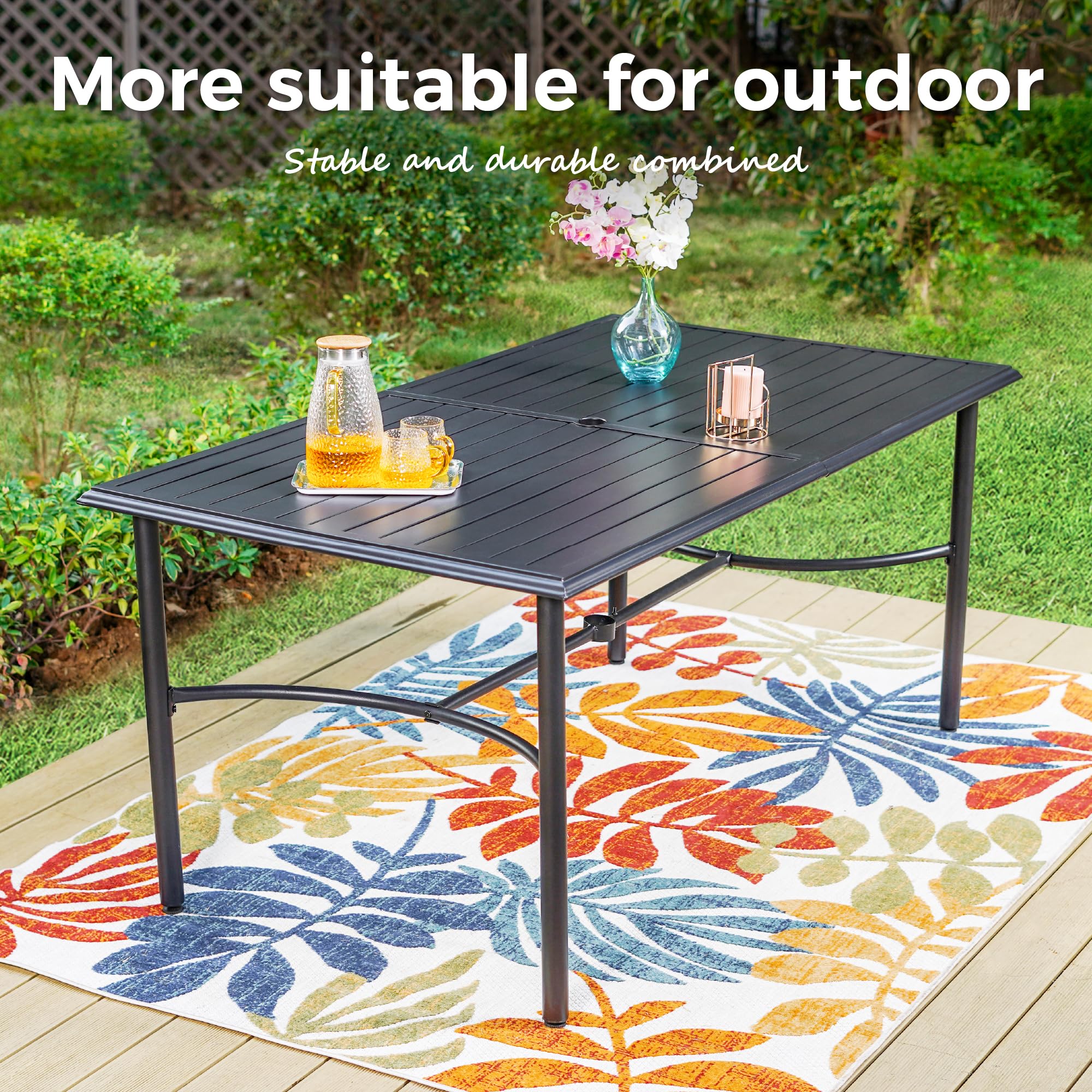 6-Person Outdoor Patio Dining Table with Umbrella Hole - Durable Metal Rectangle Table for Garden, Backyard, Porch | Perfect for Family Gatherings & Summer BBQs