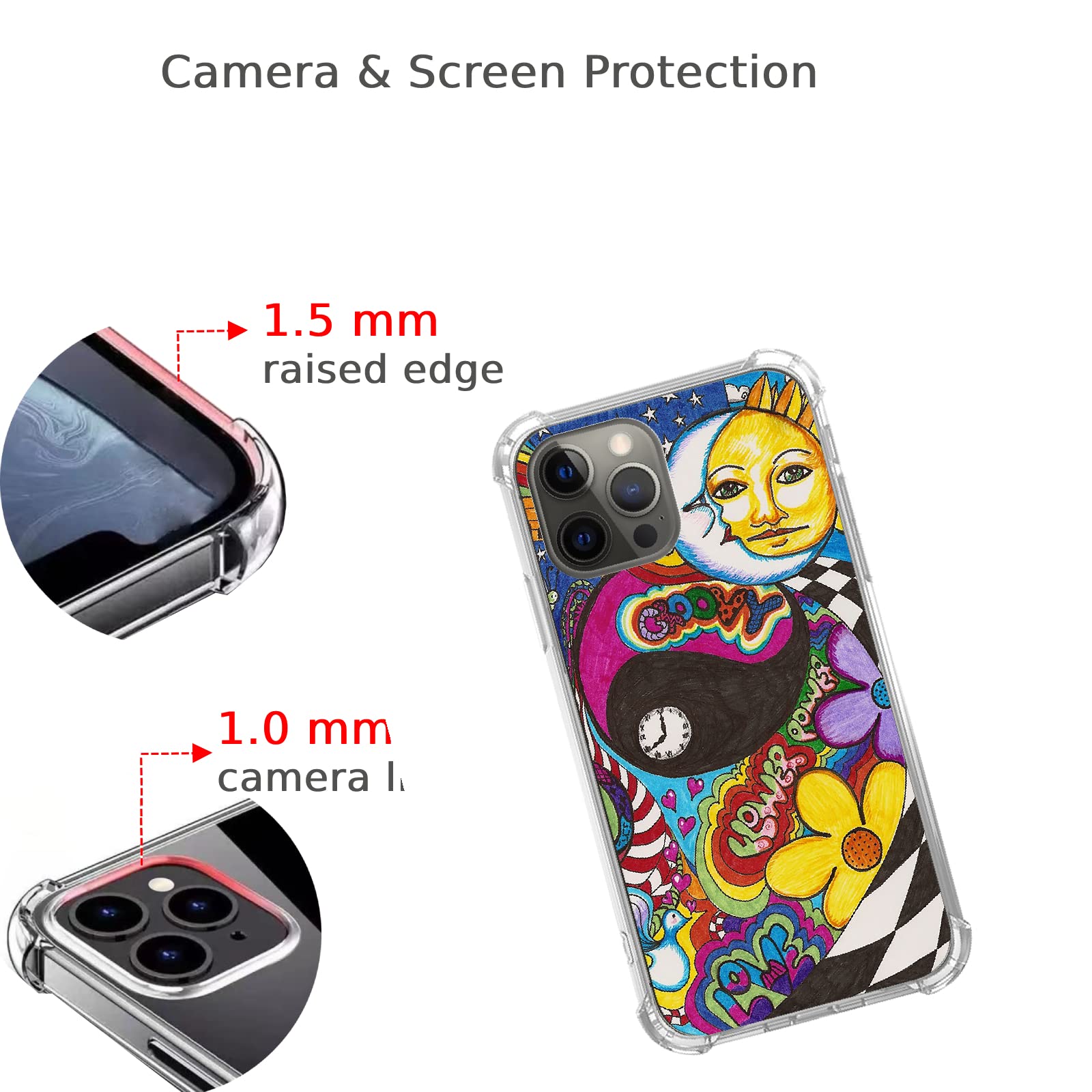 **Trippy Retro Hippie Phone Case for iPhone 12 Pro Max - Psychedelic Sun Moon Design, Soft TPU Bumper Cover for Men & Women - Perfect for Music Festivals, Travel & Boho Style**