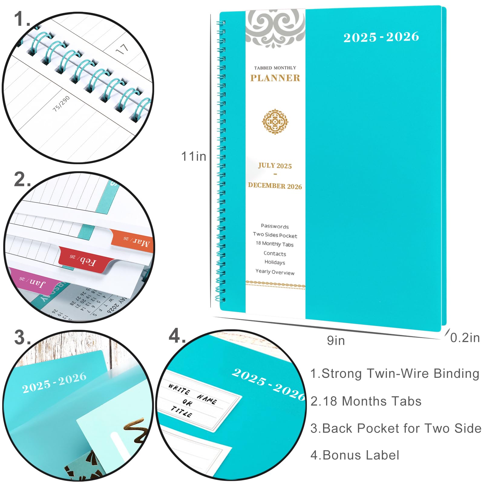 2025-2026 Monthly Planner with Twin-Wire Binding | July 2025 - December 2026 Academic Calendar | Includes Pockets, Contacts & Password Sections | Colorful Tabs & Waterproof Cover | 9