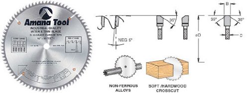 Amana Tool CTC10963 10-Inch Carbide Tipped Miter Saw Blade with California TC Grind, 96 Teeth, -5° Hook Angle - Perfect for Woodworking, Cabinetry, and Precision Cutting Projects